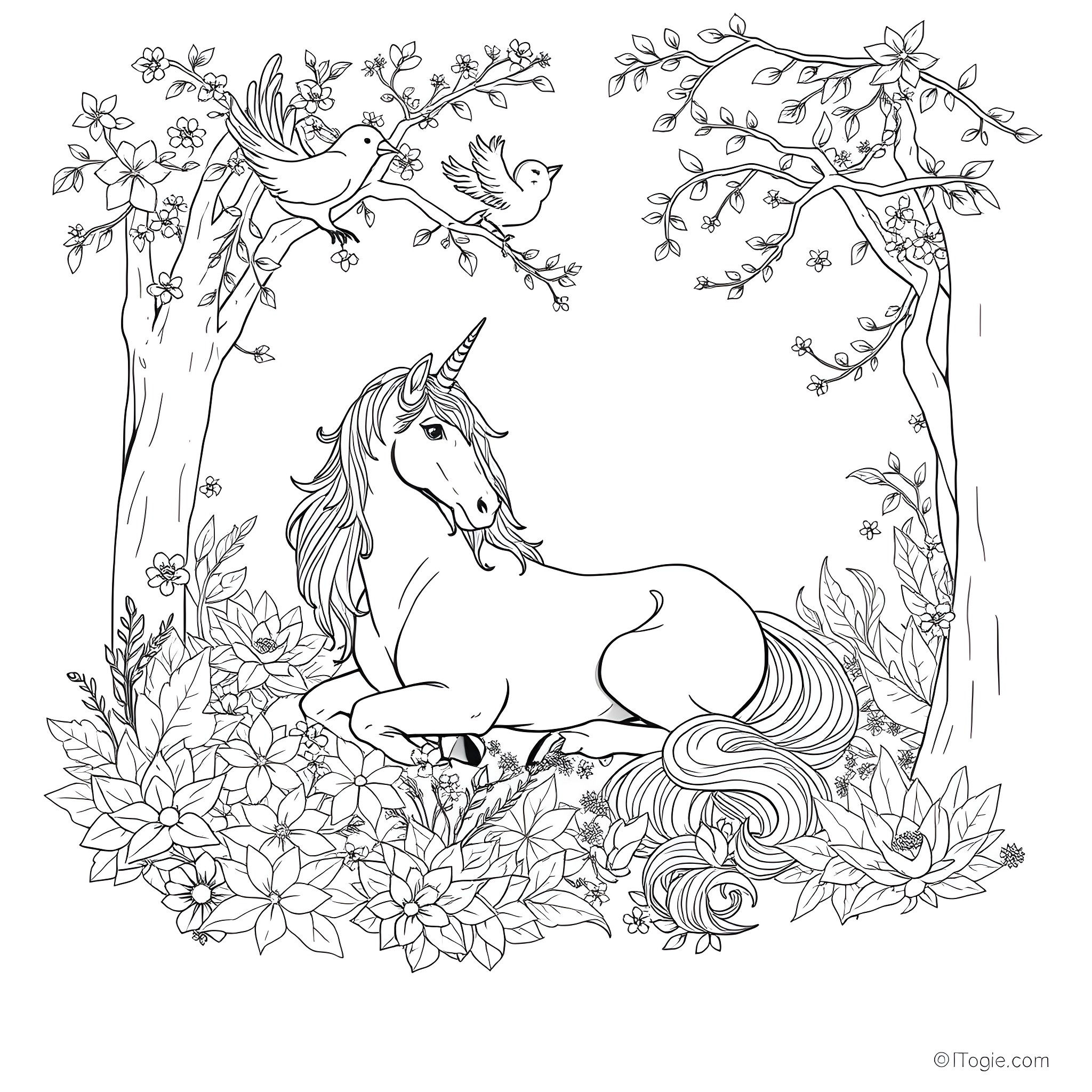 Unicorn resting in a magical floral forest Coloring Page (free black-and-white line drawing printable PDF for all, from beginners to advanced learners, including children, teens, adults, and seniors)