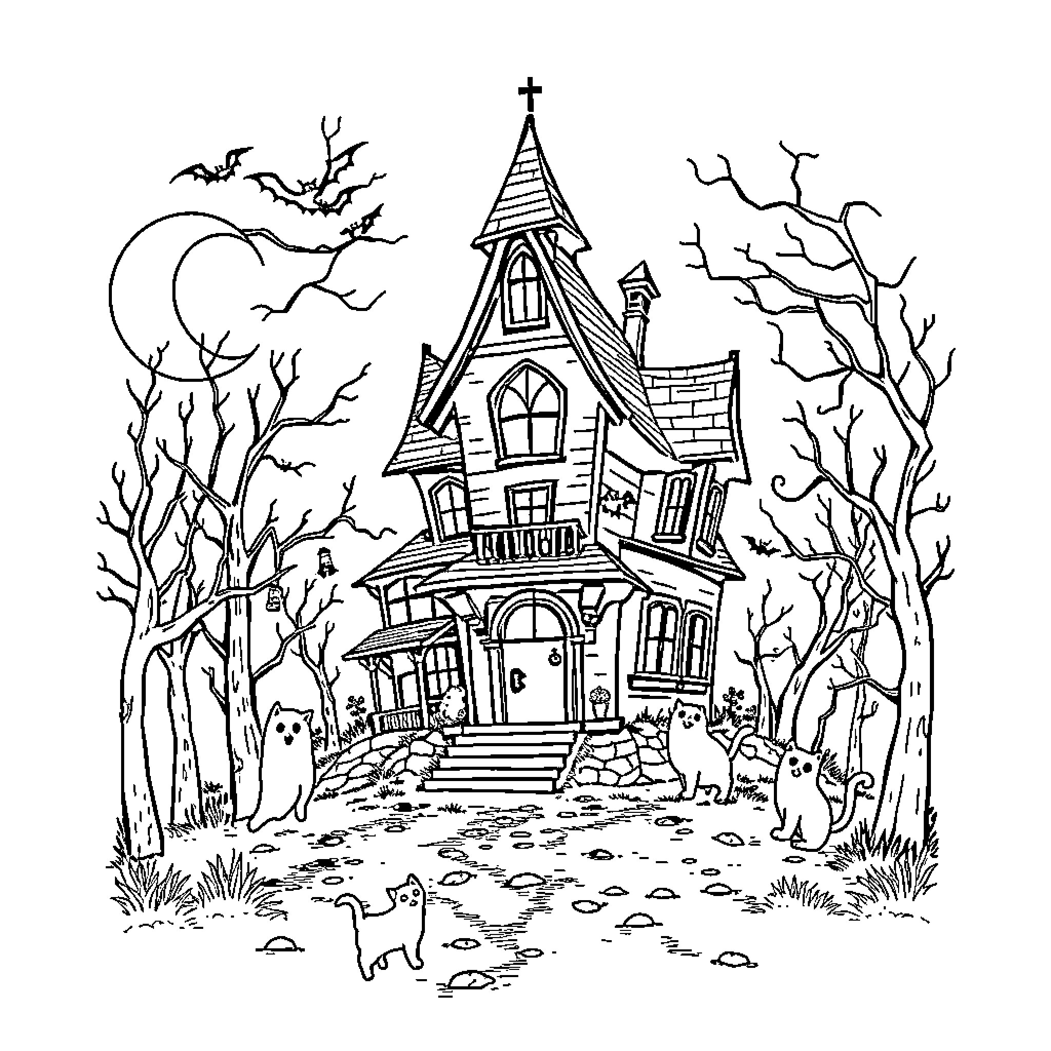 Haunted House with Bats and Creepy Atmosphere Coloring Page (free black-and-white line drawing printable PDF for all, from beginners to advanced learners, including children, teens, adults, and seniors)