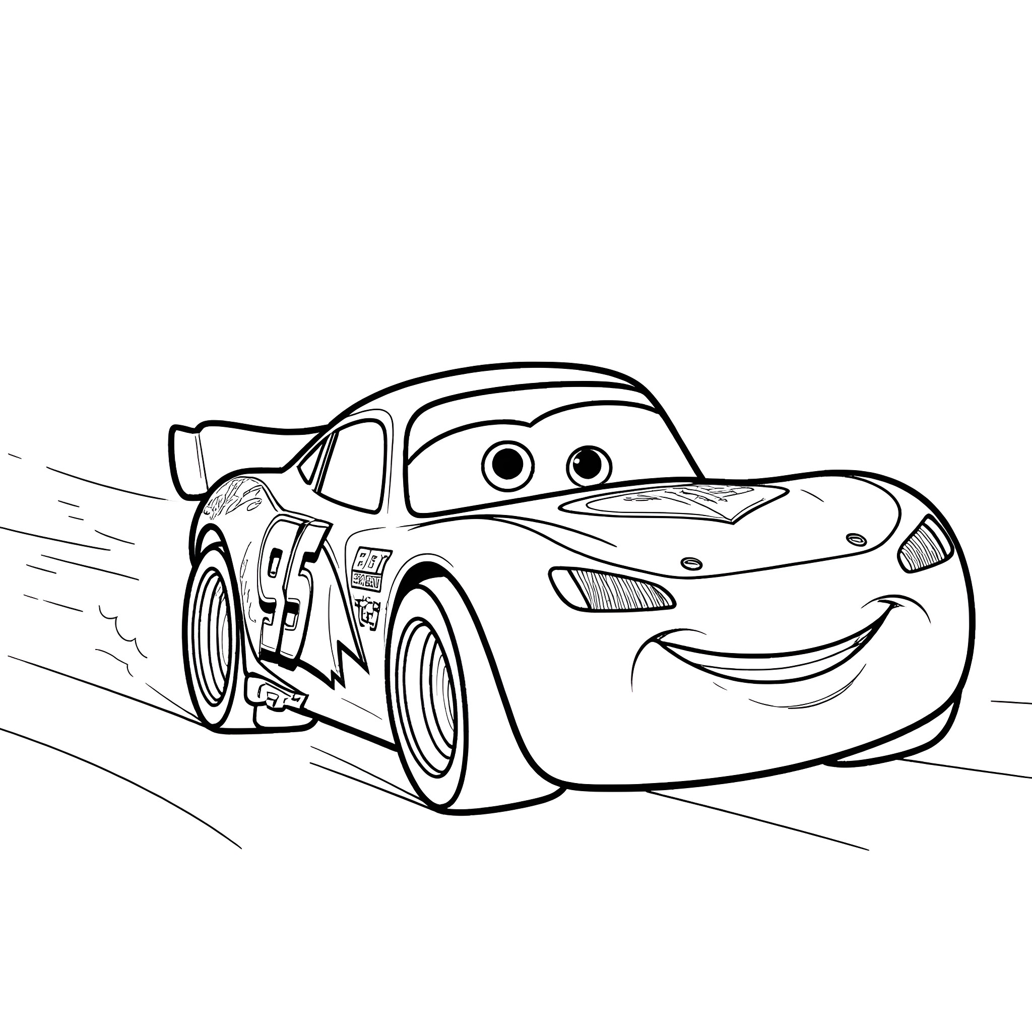 Lightning McQueen racing on the track Coloring Page (free black-and-white line drawing printable PDF for all, from beginners to advanced learners, including children, teens, adults, and seniors)