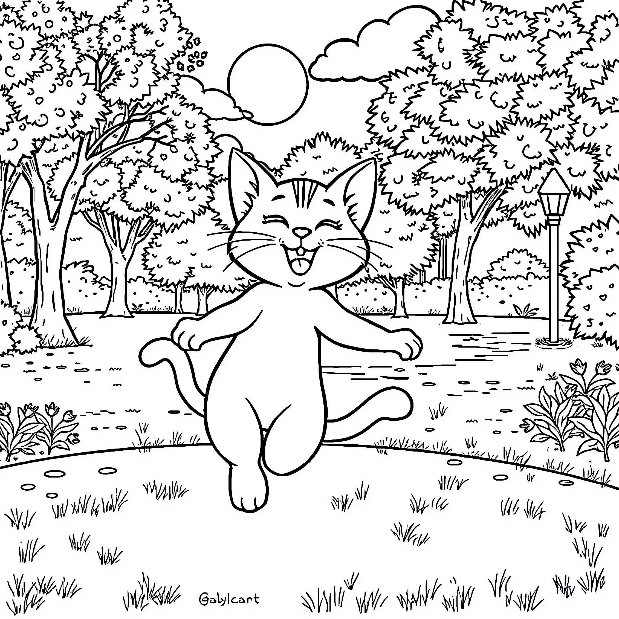 Gabychat enjoying the outdoors in a serene landscape Coloring Page (free black-and-white line drawing printable PDF for all, from beginners to advanced learners, including children, teens, adults, and seniors)