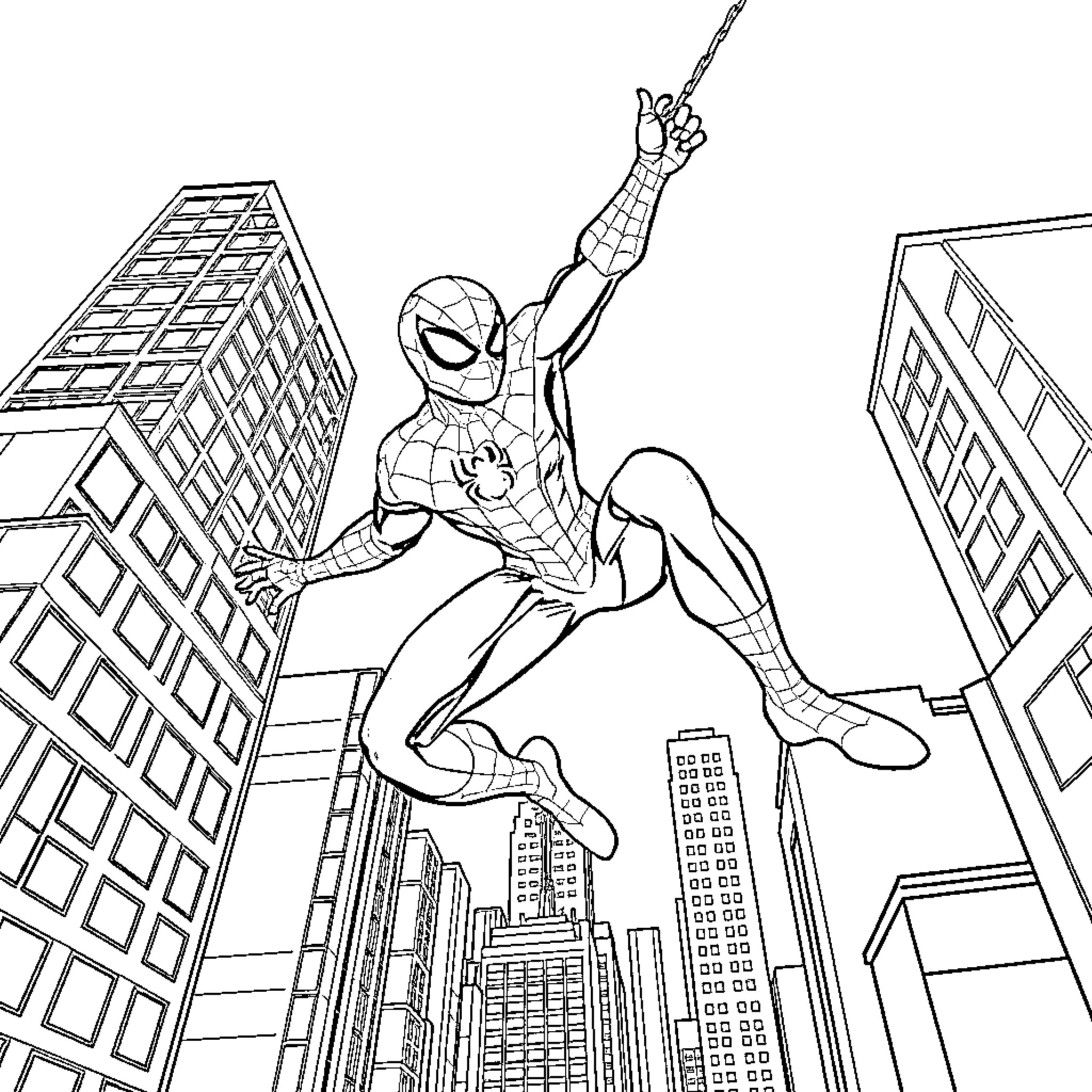 Spiderman swinging over the city skyline Coloring Page (free black-and-white line drawing printable PDF for all, from beginners to advanced learners, including children, teens, adults, and seniors)