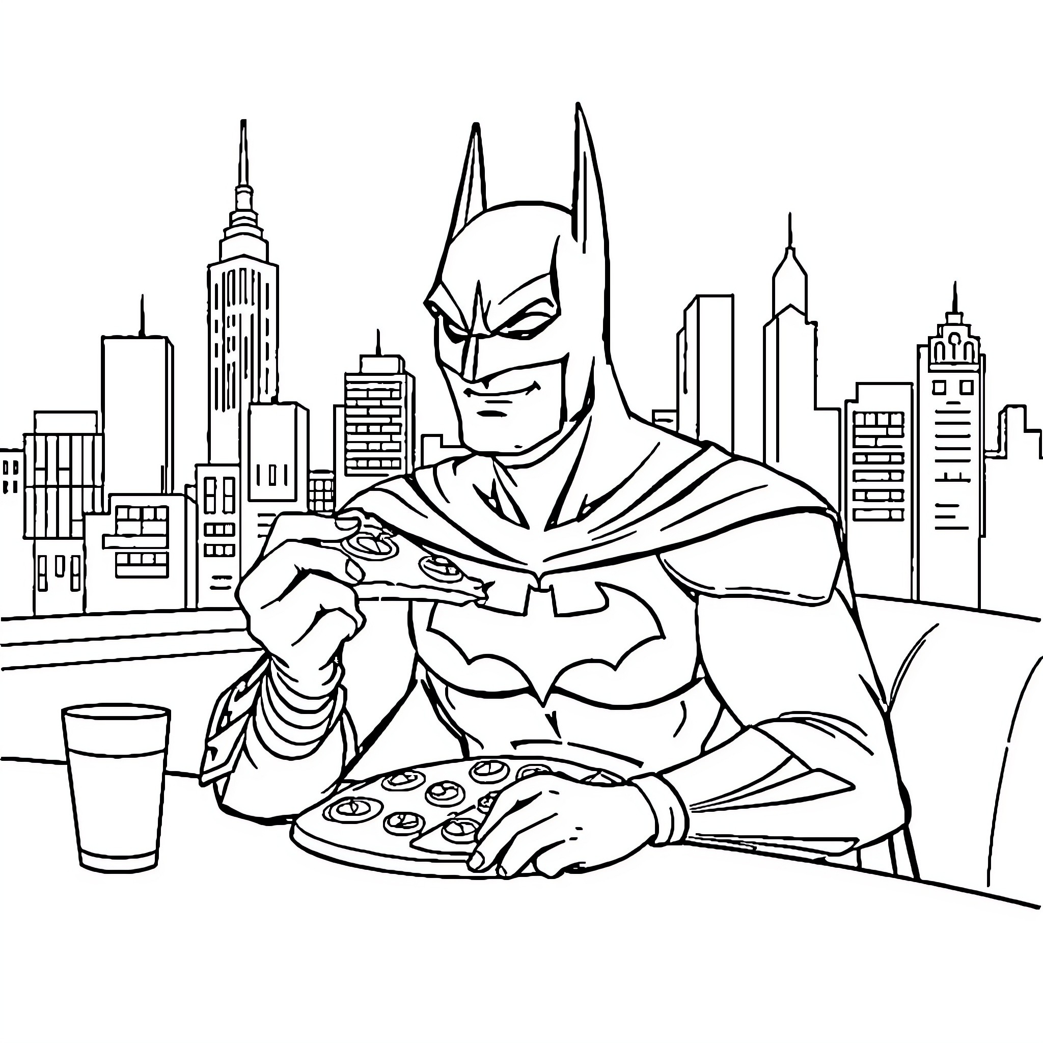 Batman enjoying a meal in the city Coloring Page (free black-and-white line drawing printable PDF for all, from beginners to advanced learners, including children, teens, adults, and seniors)