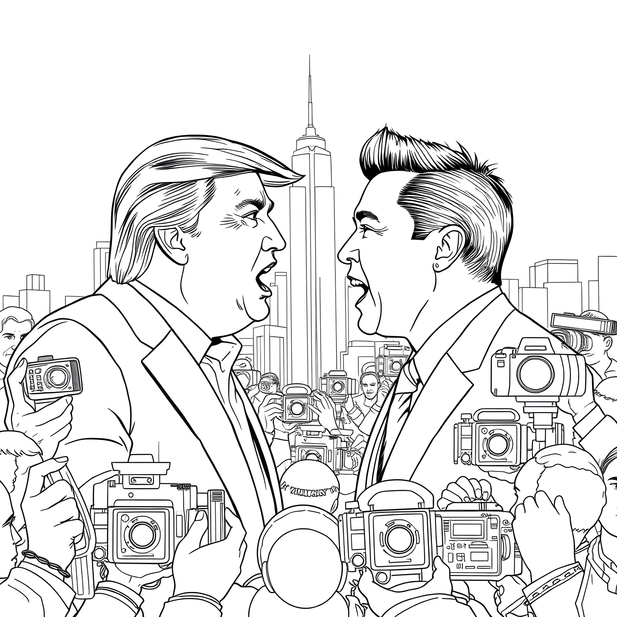 Donald Trump and Rival Arguing in Front of Skyscrapers Coloring Page (free black-and-white line drawing printable PDF for all, from beginners to advanced learners, including children, teens, adults, and seniors)