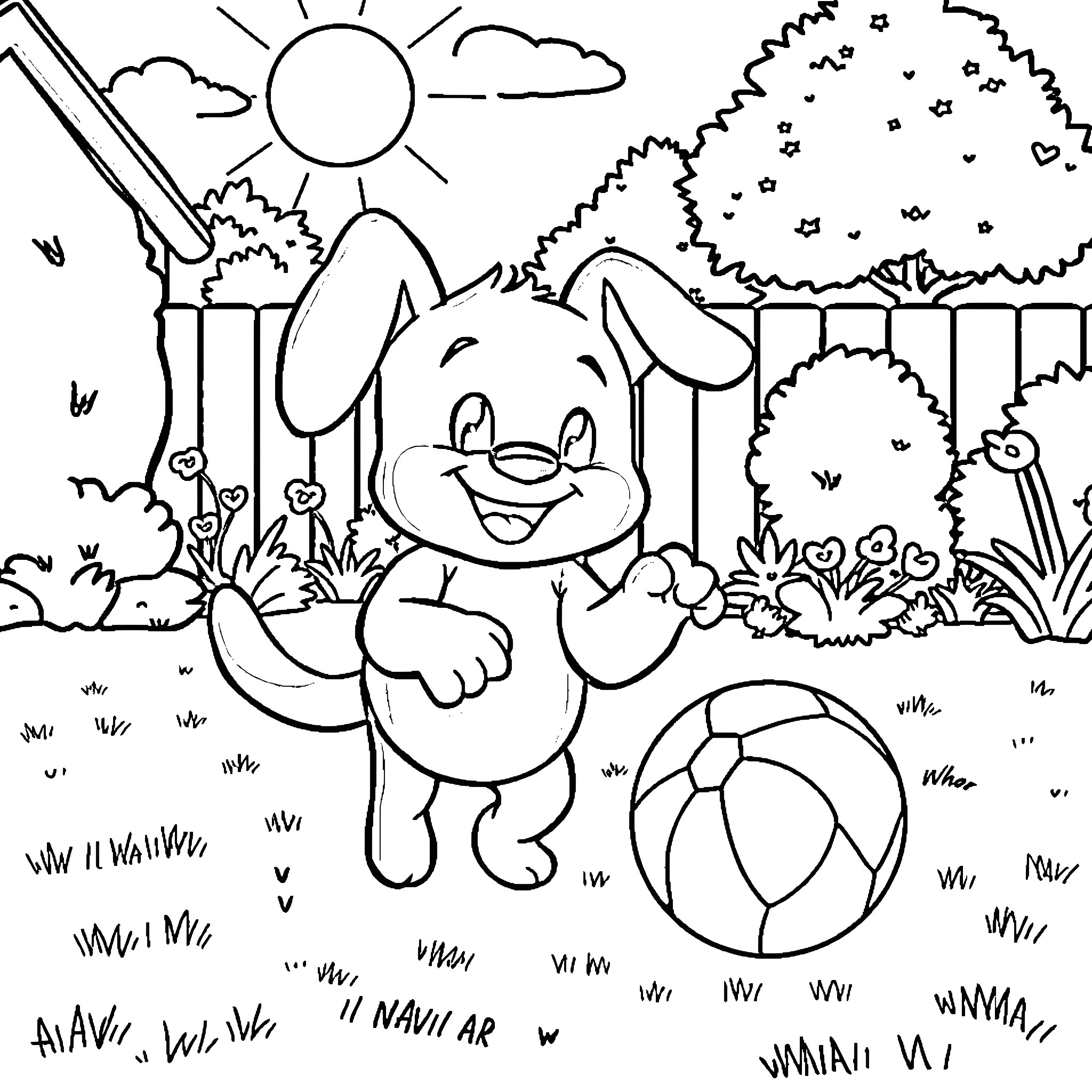 Bluey playing happily with ball in the garden Coloring Page (free black-and-white line drawing printable PDF for all, from beginners to advanced learners, including children, teens, adults, and seniors)