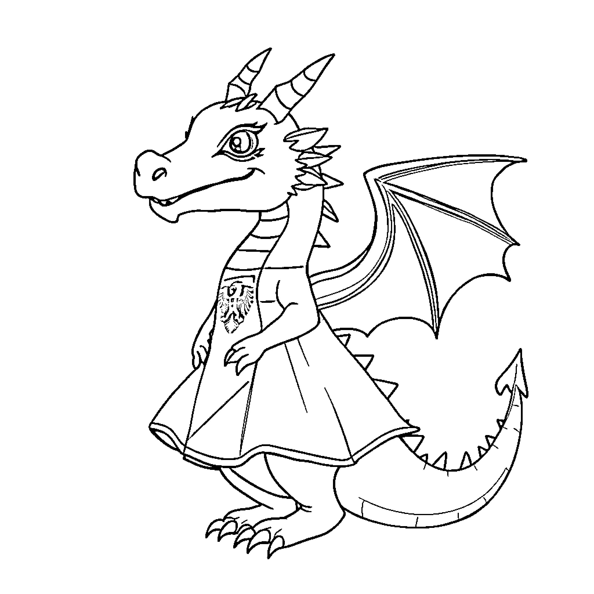 Dragon in Elegant Attire Posing Confidently Coloring Page (free black-and-white line drawing printable PDF for all, from beginners to advanced learners, including children, teens, adults, and seniors)