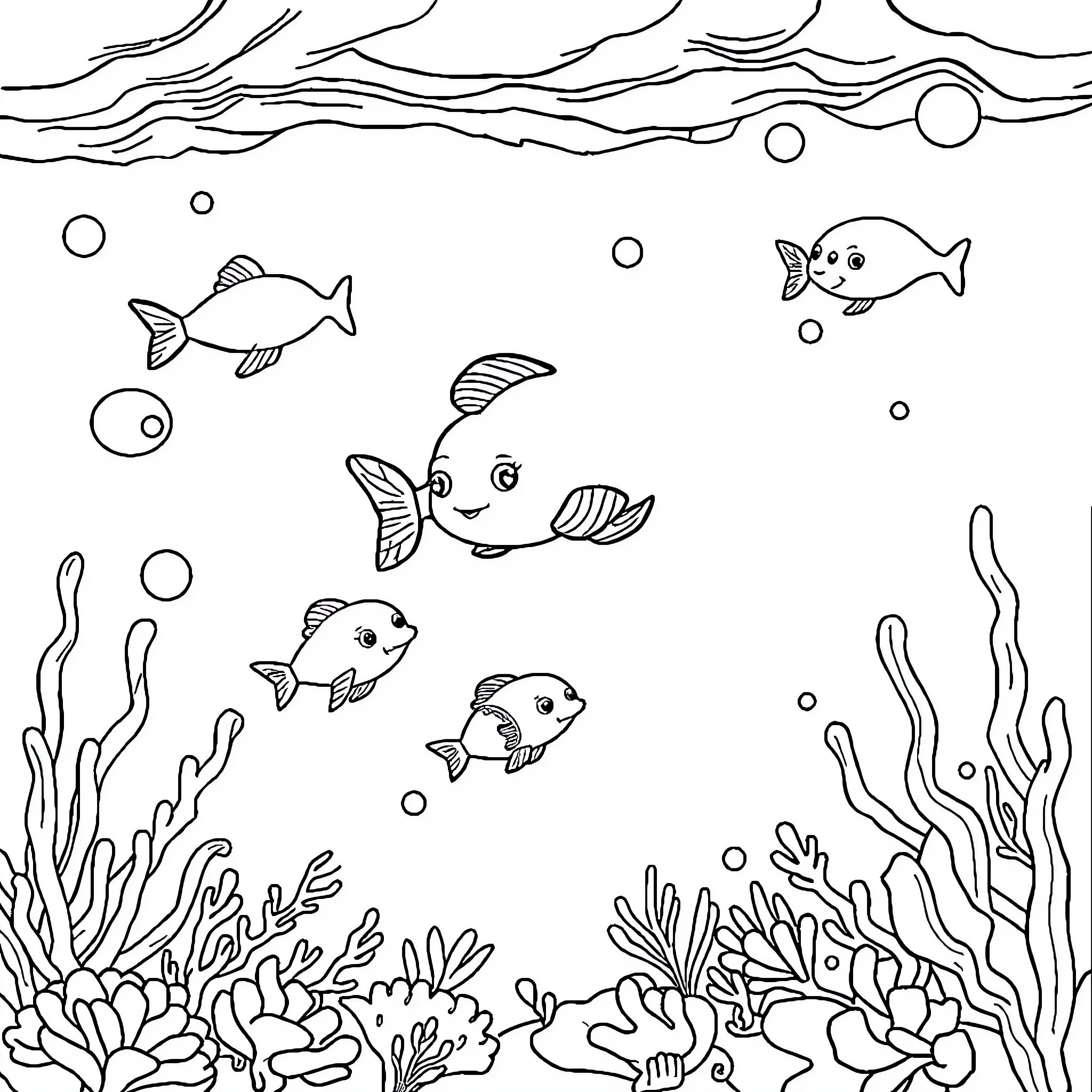 Baby Sea Animals Swimming in an Underwater Scene Coloring Page (free black-and-white line drawing printable PDF for all, from beginners to advanced learners, including children, teens, adults, and seniors)