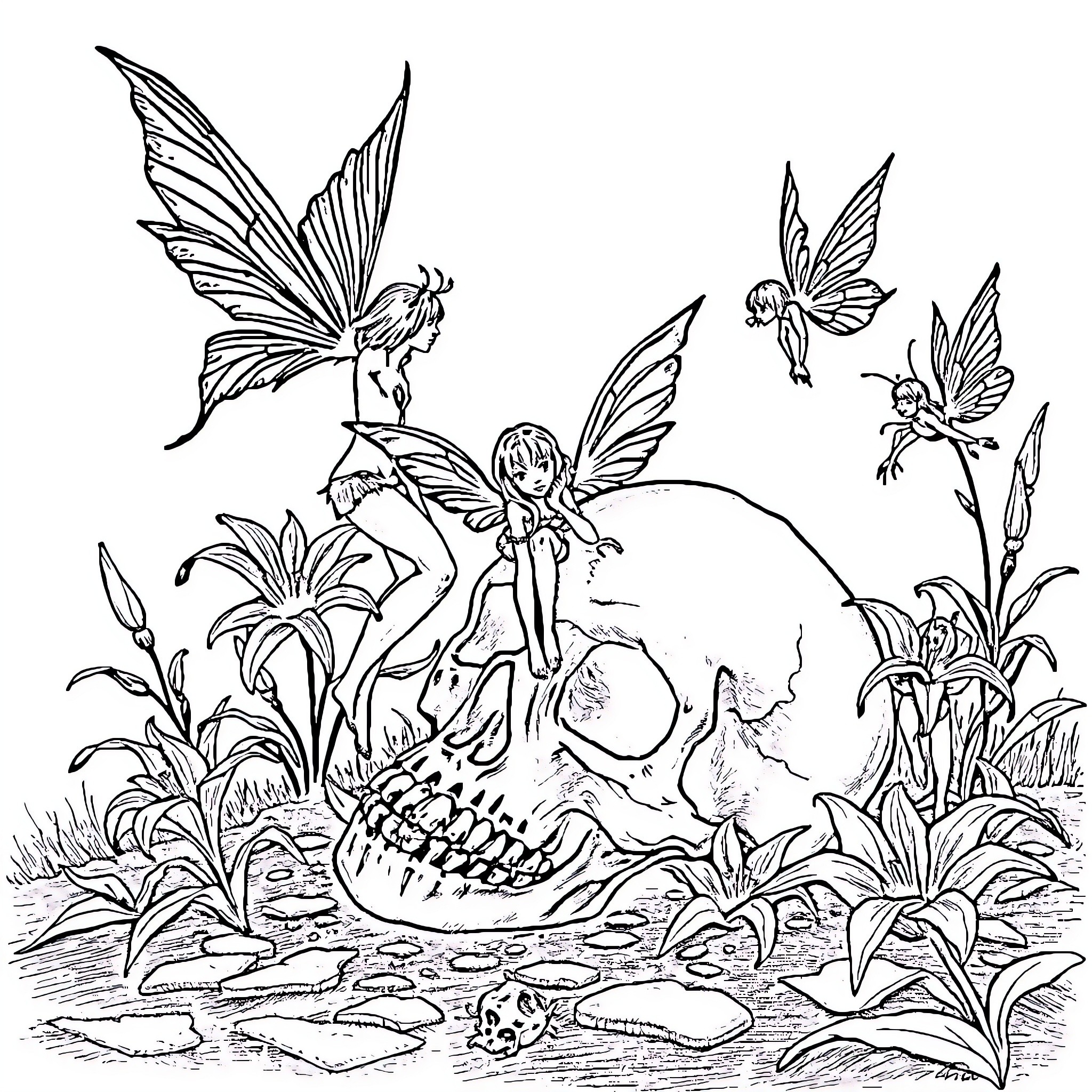 Skull surrounded by fantastical creatures in enchanting scene Coloring Page (free black-and-white line drawing printable PDF for all, from beginners to advanced learners, including children, teens, adults, and seniors)