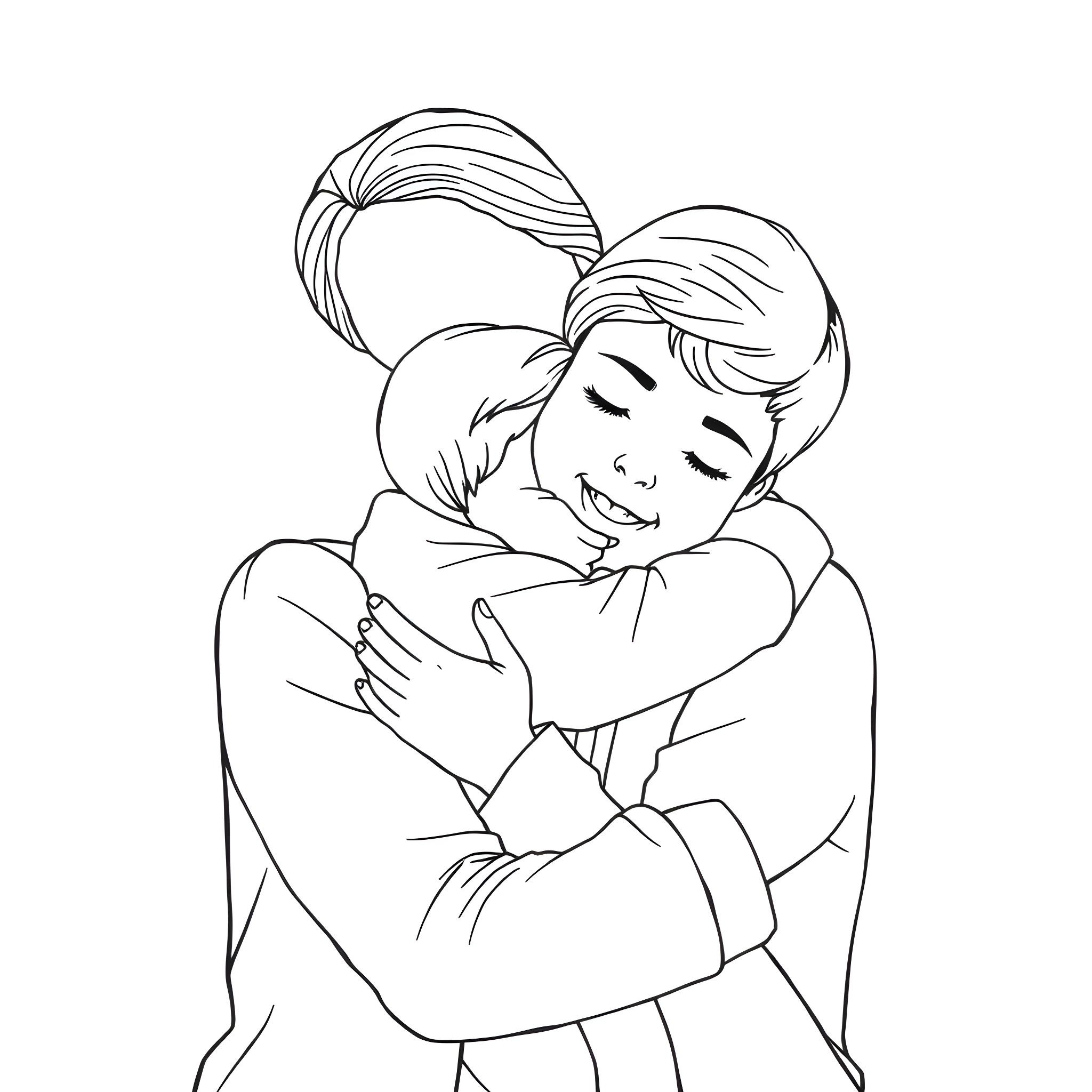 Woman embracing another with affection Coloring Page (free black-and-white line drawing printable PDF for all, from beginners to advanced learners, including children, teens, adults, and seniors)