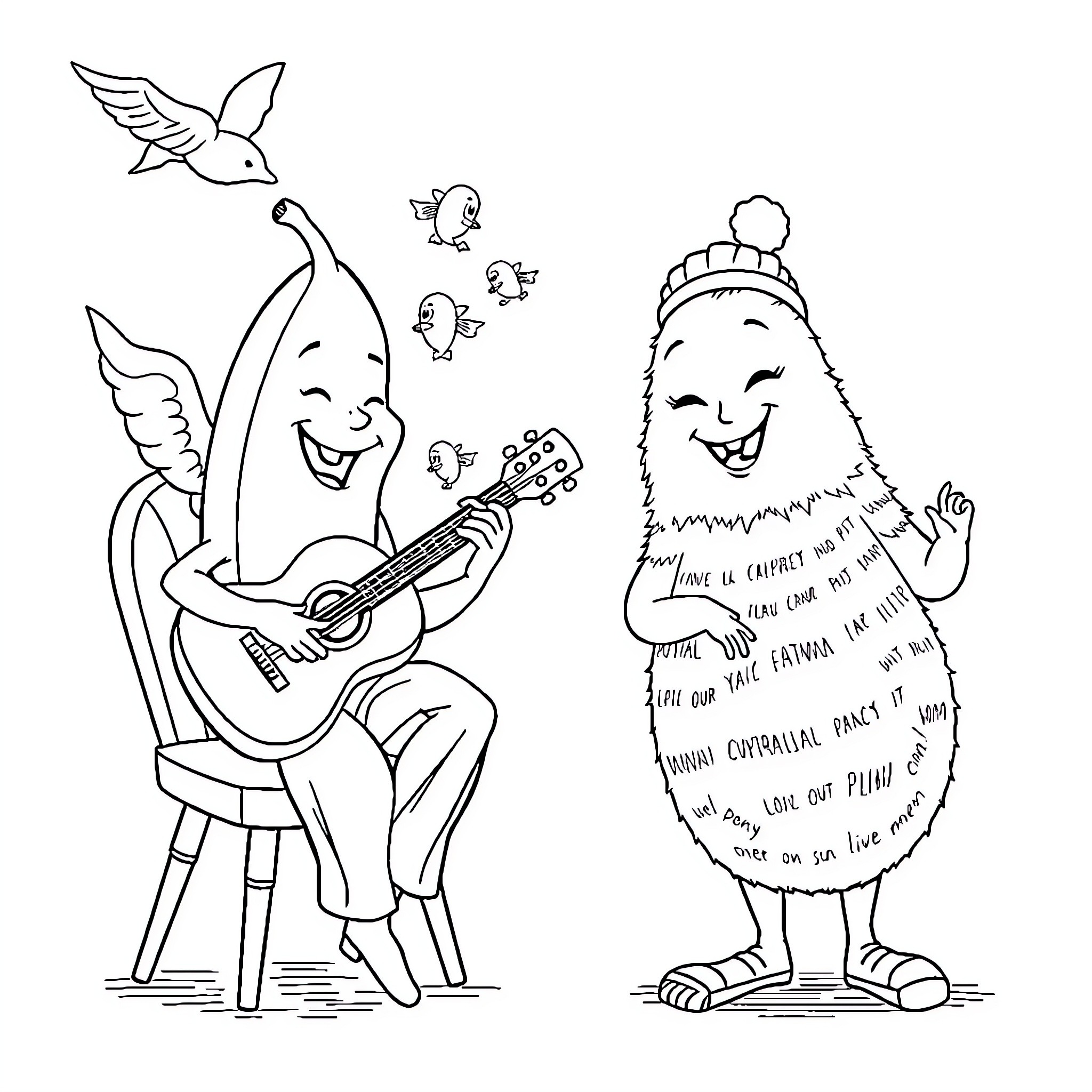 Banana friends playing music and enjoying life Coloring Page (free black-and-white line drawing printable PDF for all, from beginners to advanced learners, including children, teens, adults, and seniors)