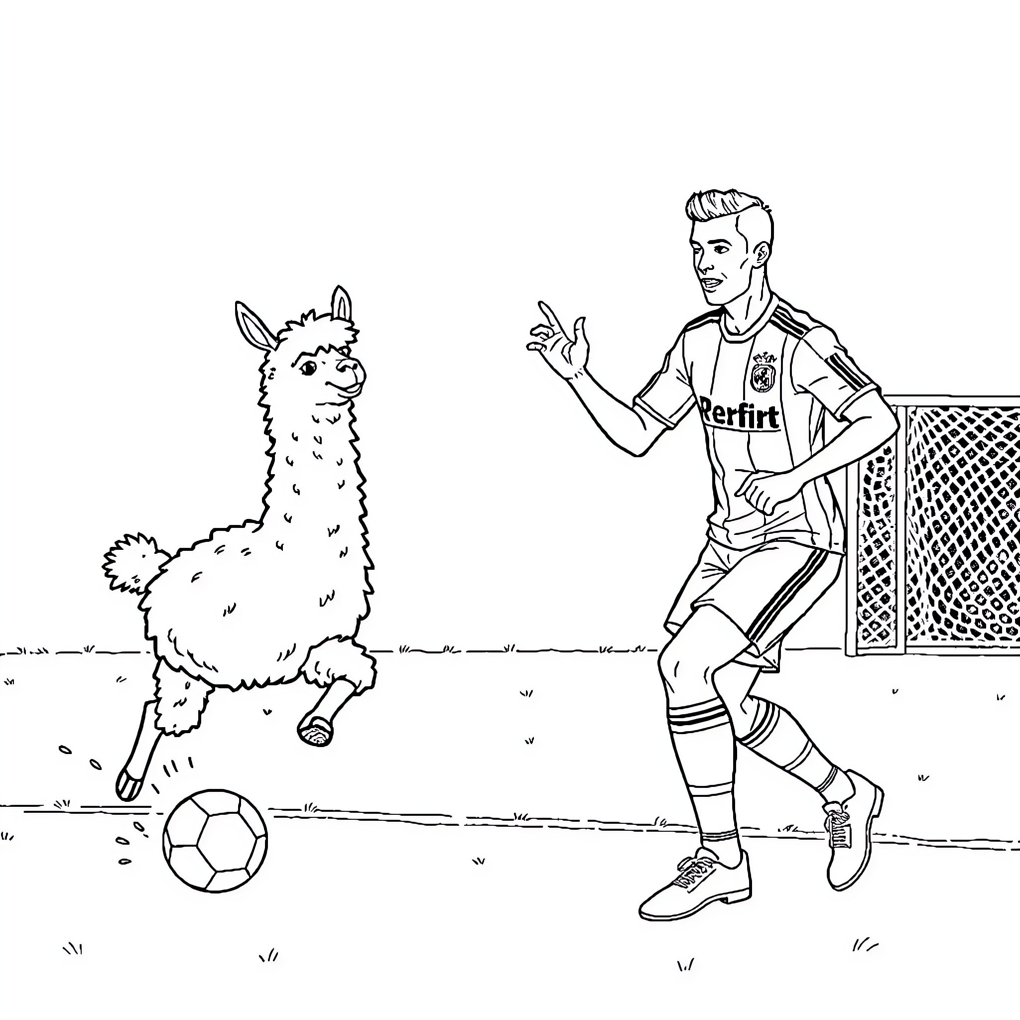 Alpaca and soccer player in a friendly match Coloring Page (free black-and-white line drawing printable PDF for all, from beginners to advanced learners, including children, teens, adults, and seniors)