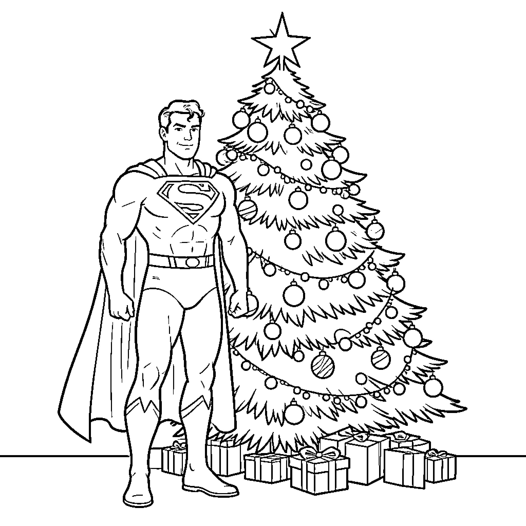 Superman standing proudly next to a decorated Christmas tree Coloring Page (free black-and-white line drawing printable PDF for all, from beginners to advanced learners, including children, teens, adults, and seniors)