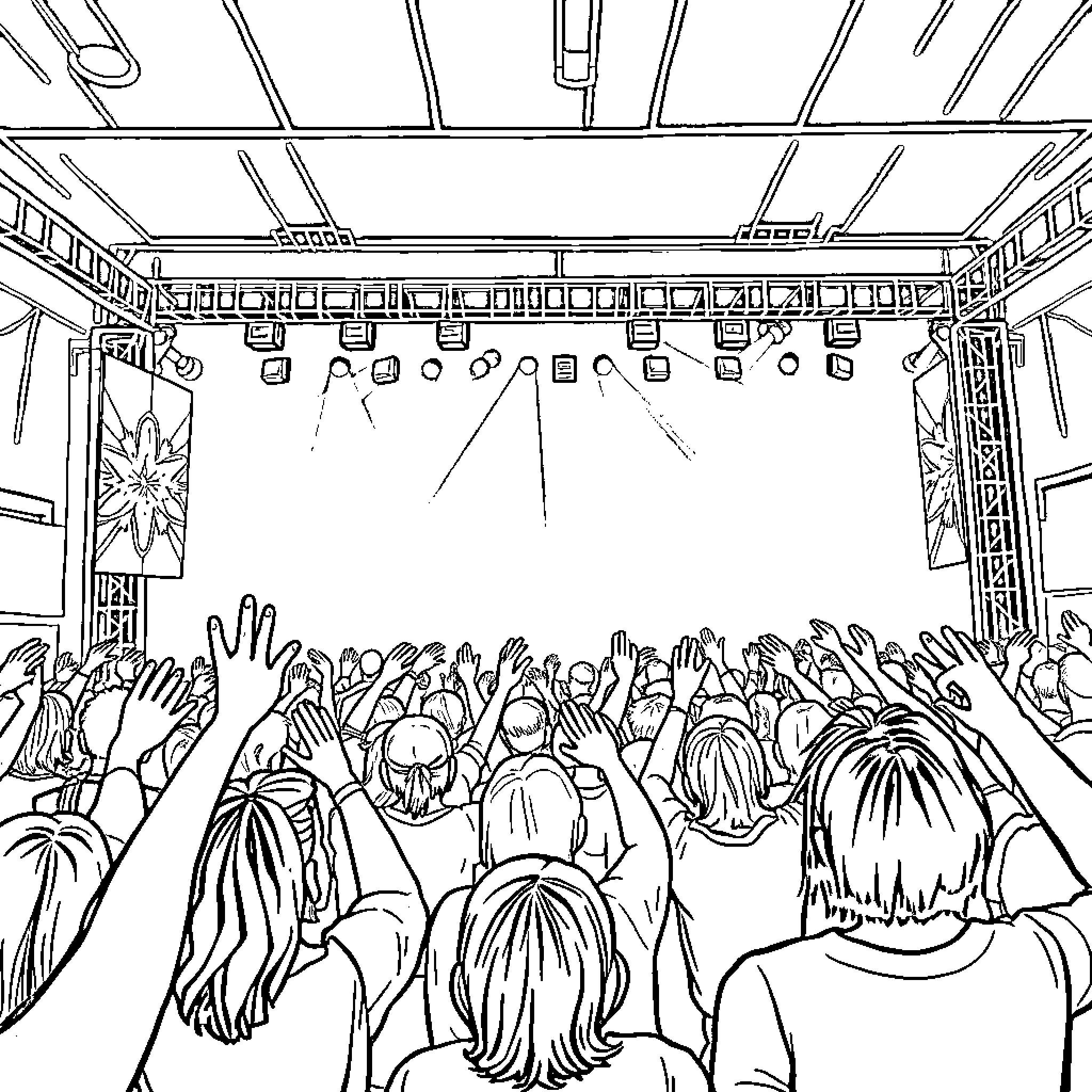 K Pop Performance with Energetic Crowd Coloring Page (free black-and-white line drawing printable PDF for all, from beginners to advanced learners, including children, teens, adults, and seniors)
