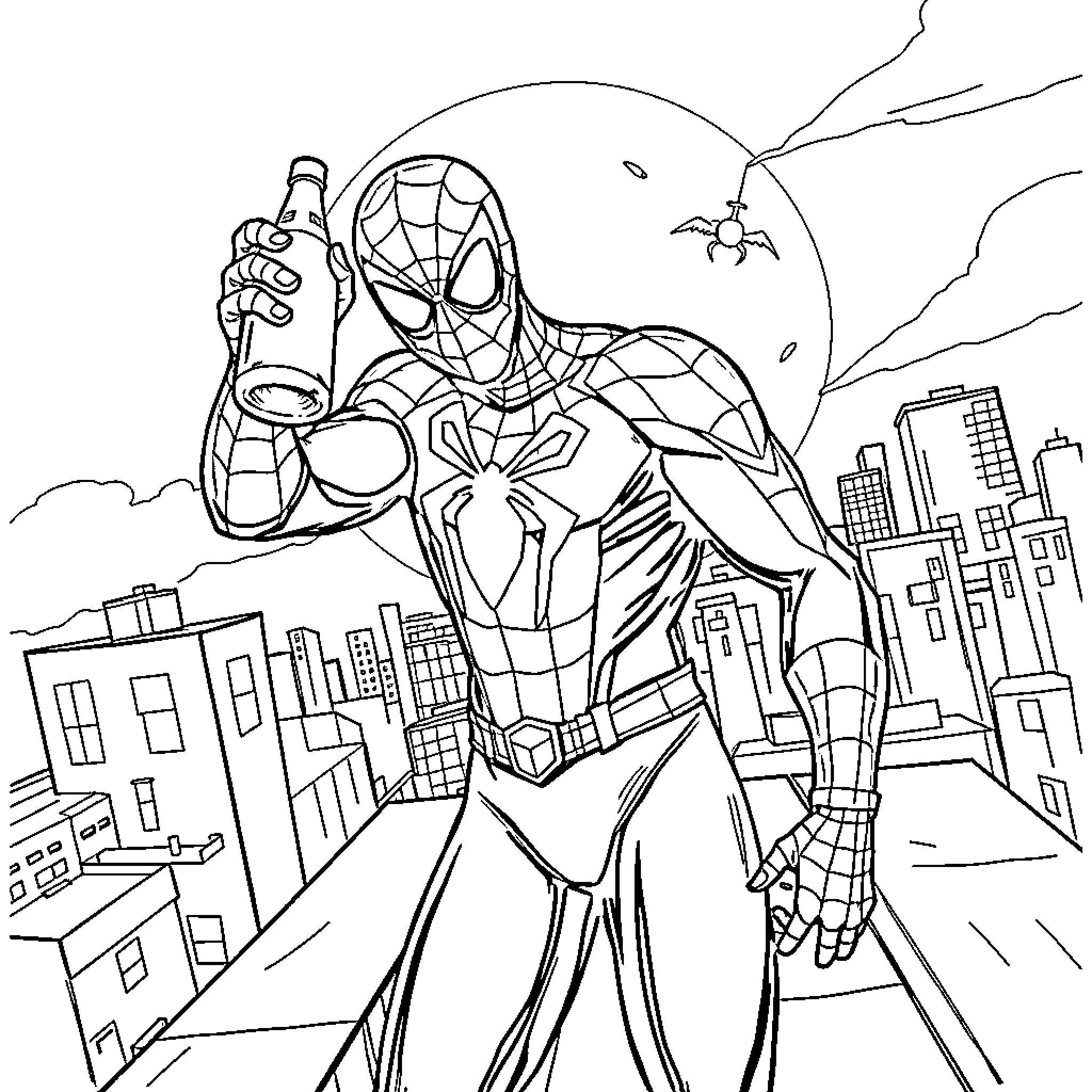 Spider-Man swinging through the city with his web Coloring Page (free black-and-white line drawing printable PDF for all, from beginners to advanced learners, including children, teens, adults, and seniors)