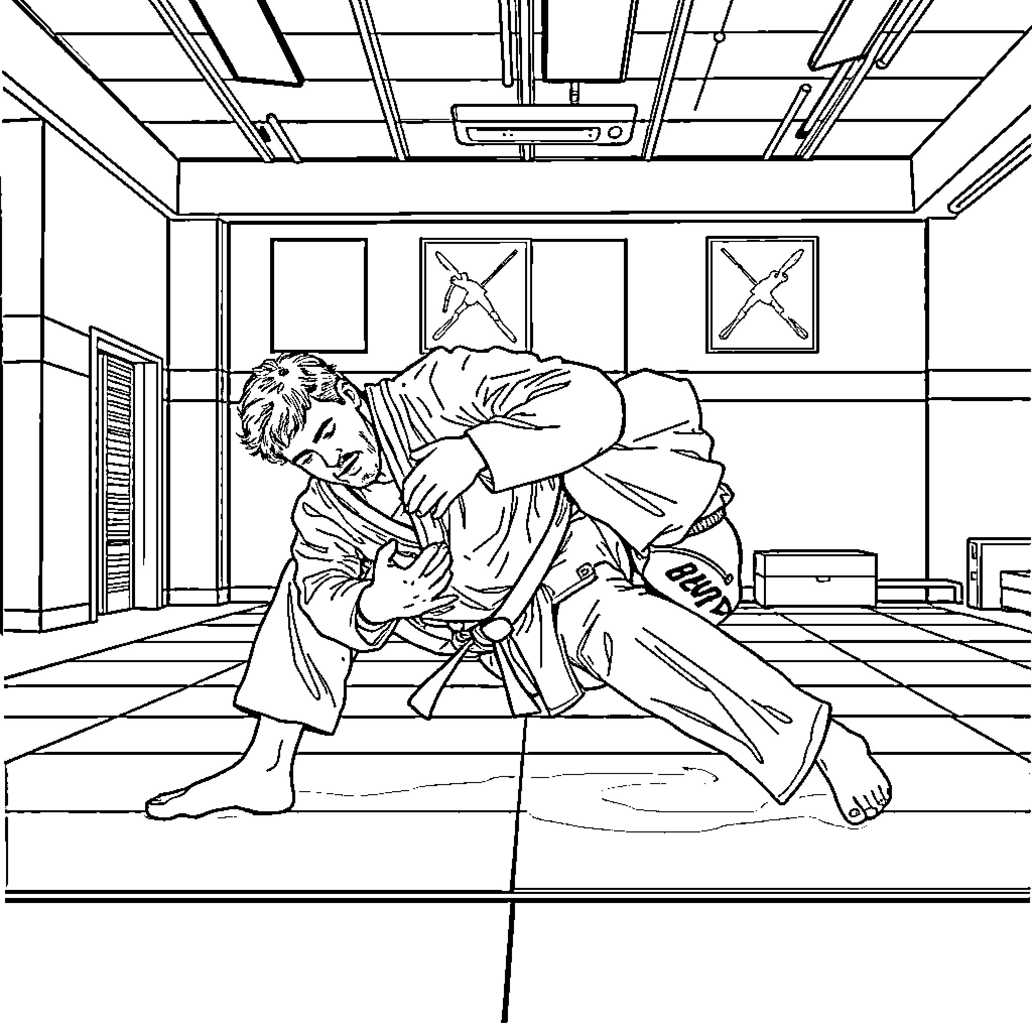 Jiu Jitsu Grappling Match in Training Hall Coloring Page (free black-and-white line drawing printable PDF for all, from beginners to advanced learners, including children, teens, adults, and seniors)