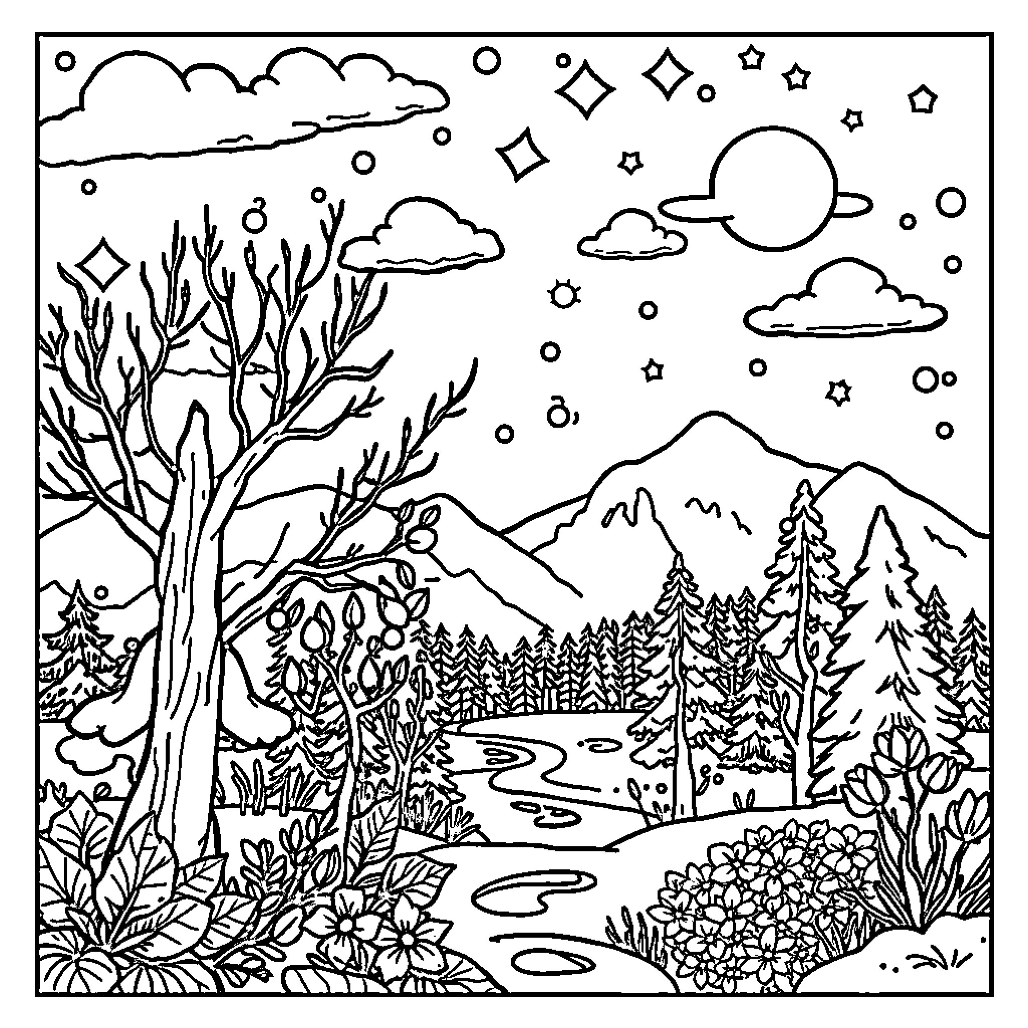 Month of Wintery Scenic Wonder Coloring Page (free black-and-white line drawing printable PDF for all, from beginners to advanced learners, including children, teens, adults, and seniors)