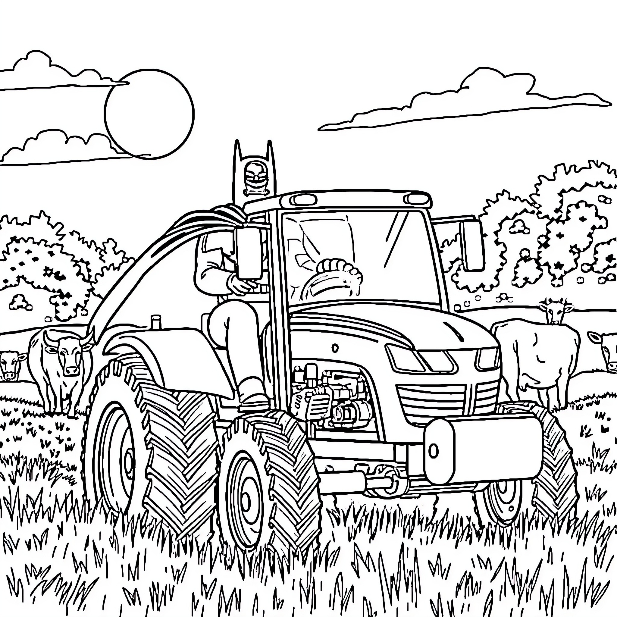 Batman operating a tractor in a rural landscape Coloring Page (free black-and-white line drawing printable PDF for all, from beginners to advanced learners, including children, teens, adults, and seniors)