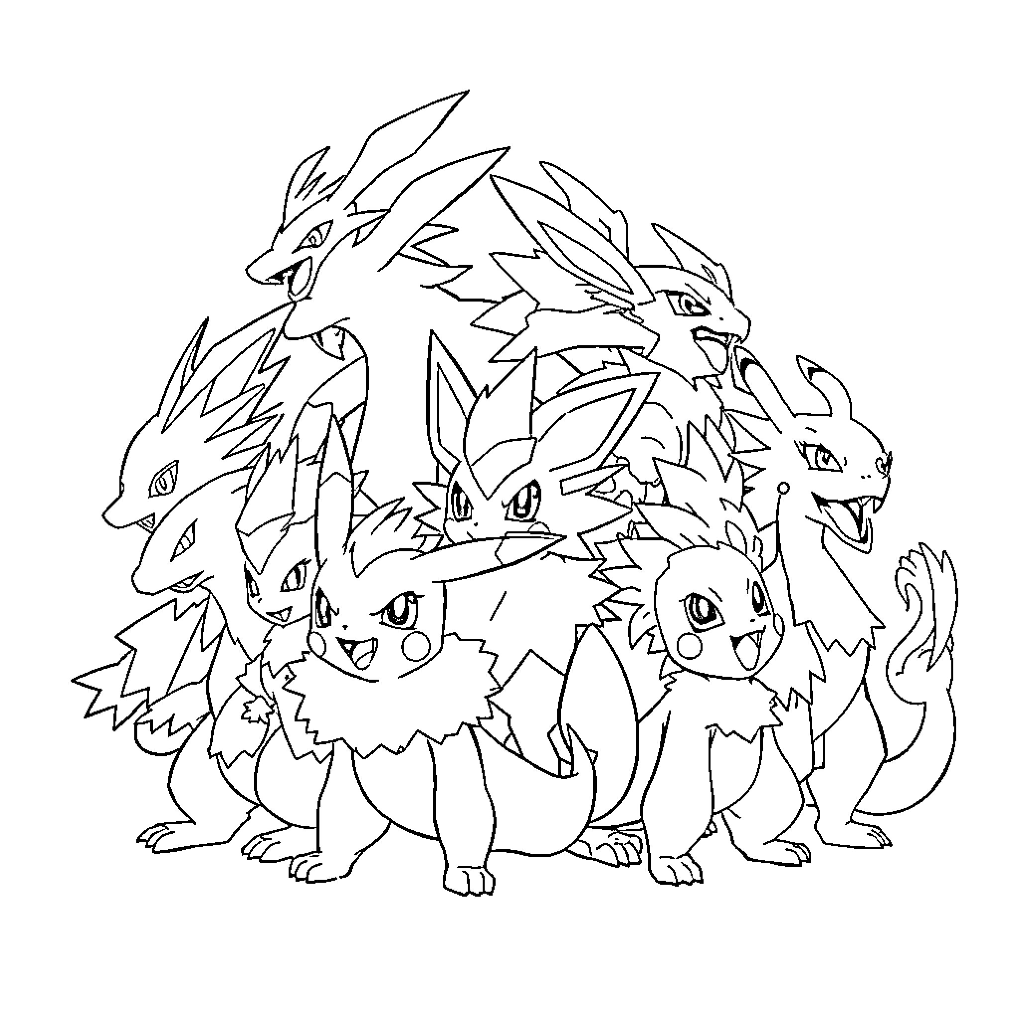 Pokémon Horde of Charizard-like Creatures Coloring Page (free black-and-white line drawing printable PDF for all, from beginners to advanced learners, including children, teens, adults, and seniors)