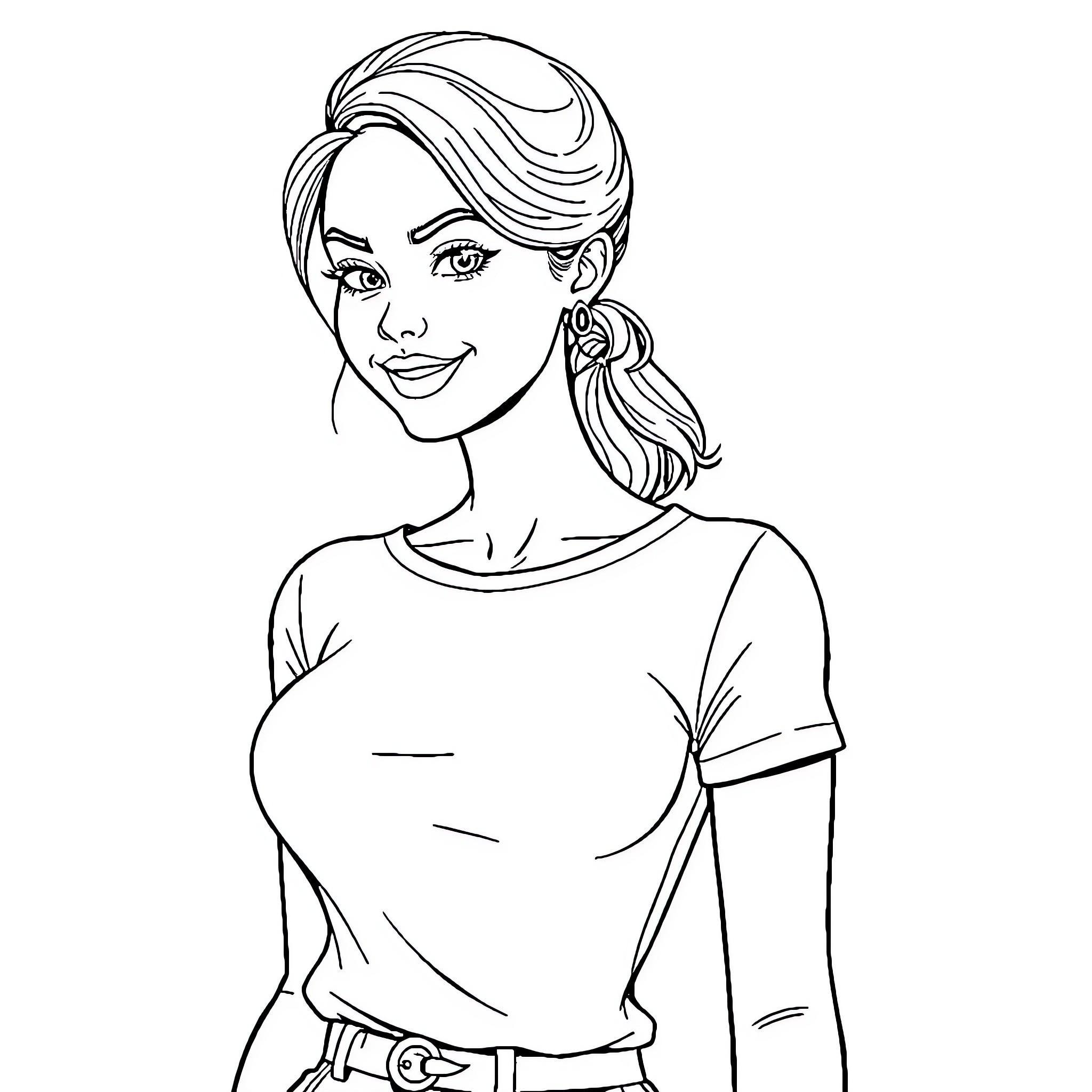 Girl with Stylish Ponytail and Confident Expression Coloring Page (free black-and-white line drawing printable PDF for all, from beginners to advanced learners, including children, teens, adults, and seniors)