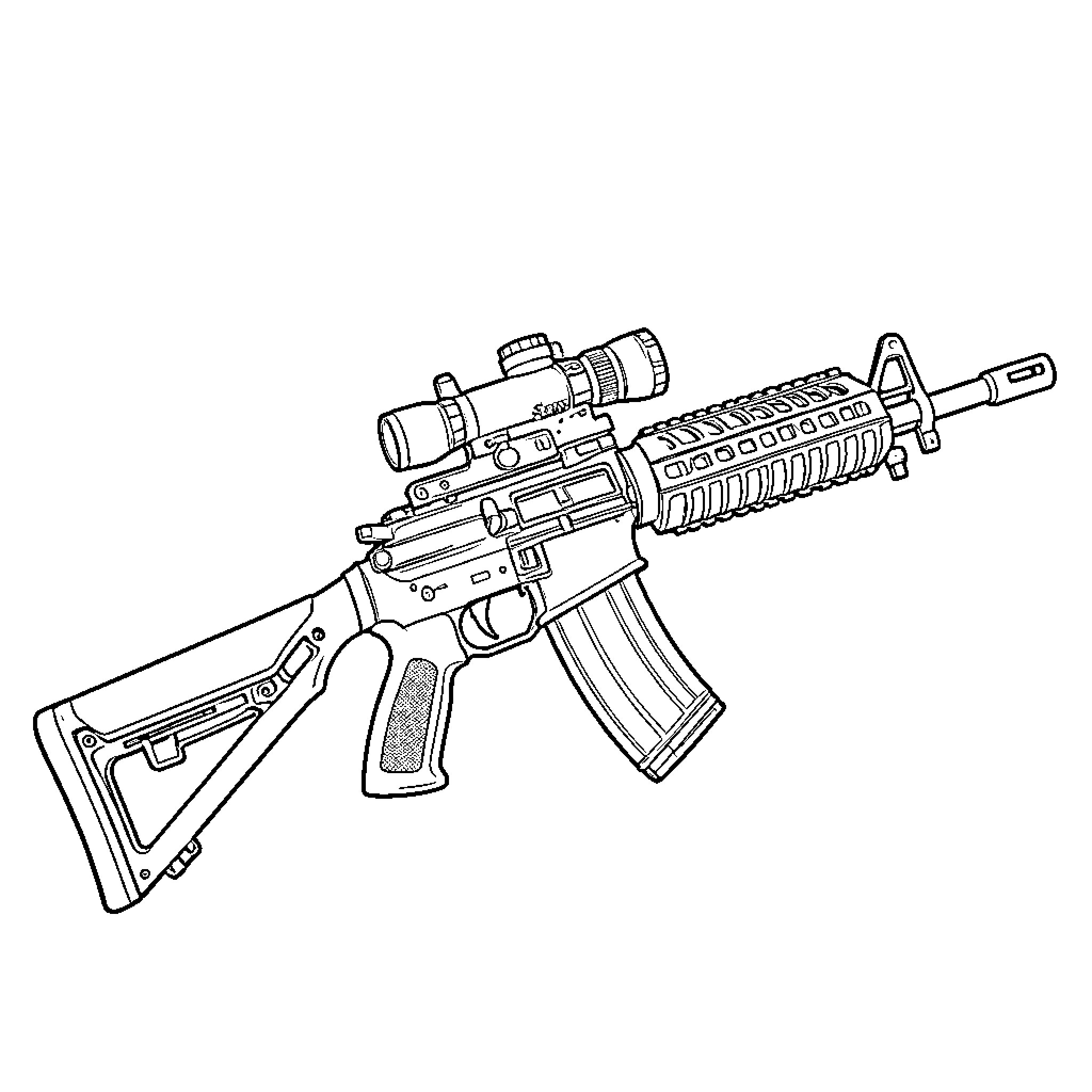 Sig Sauer assault rifle equipped with a telescopic sight Coloring Page (free black-and-white line drawing printable PDF for all, from beginners to advanced learners, including children, teens, adults, and seniors)
