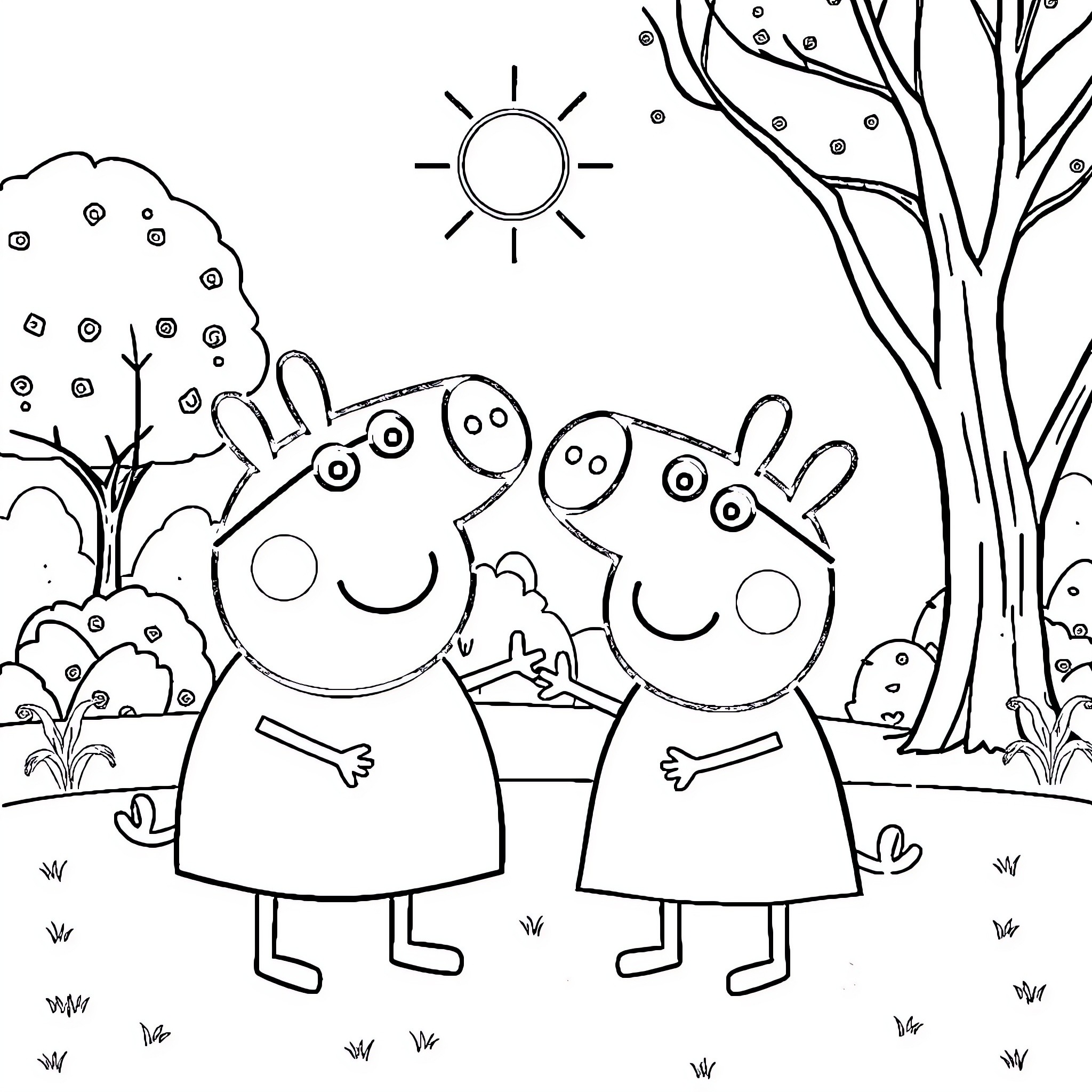 Peppa Pig and her friend enjoying a sunny day Coloring Page (free black-and-white line drawing printable PDF for all, from beginners to advanced learners, including children, teens, adults, and seniors)