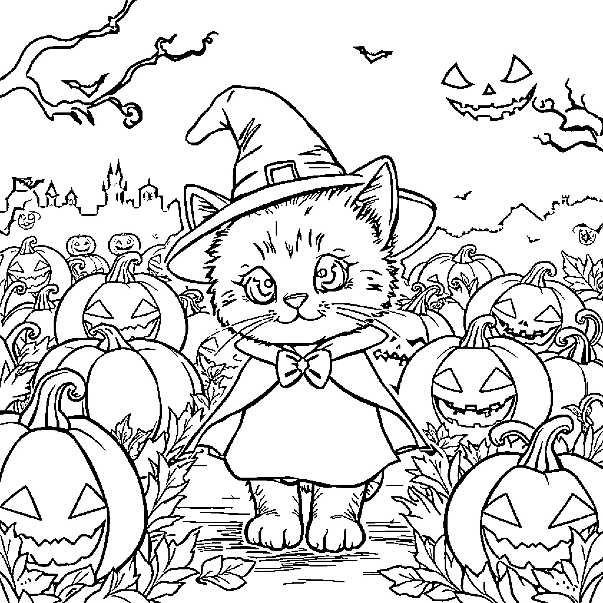 Kitten in Halloween costume among pumpkins Coloring Page (free black-and-white line drawing printable PDF for all, from beginners to advanced learners, including children, teens, adults, and seniors)