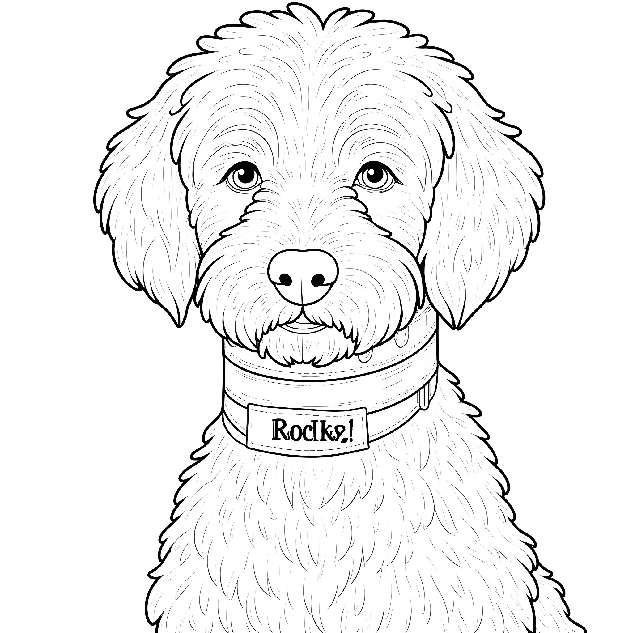 Labradoodle puppy with a collar Coloring Page (free black-and-white line drawing printable PDF for all, from beginners to advanced learners, including children, teens, adults, and seniors)