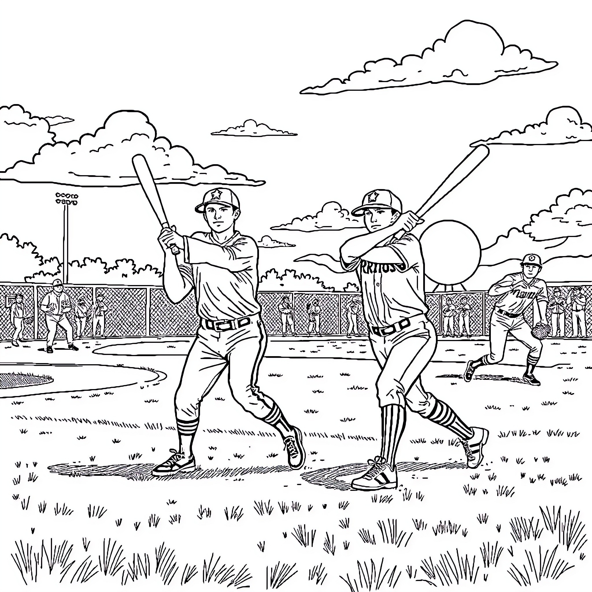 Baseball players batting on the field Coloring Page (free black-and-white line drawing printable PDF for all, from beginners to advanced learners, including children, teens, adults, and seniors)