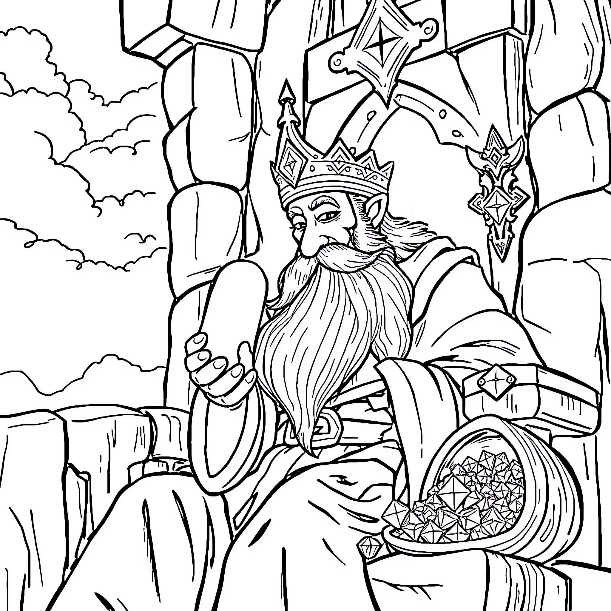 Count the Wise King's Majestic Presence Coloring Page (free black-and-white line drawing printable PDF for all, from beginners to advanced learners, including children, teens, adults, and seniors)