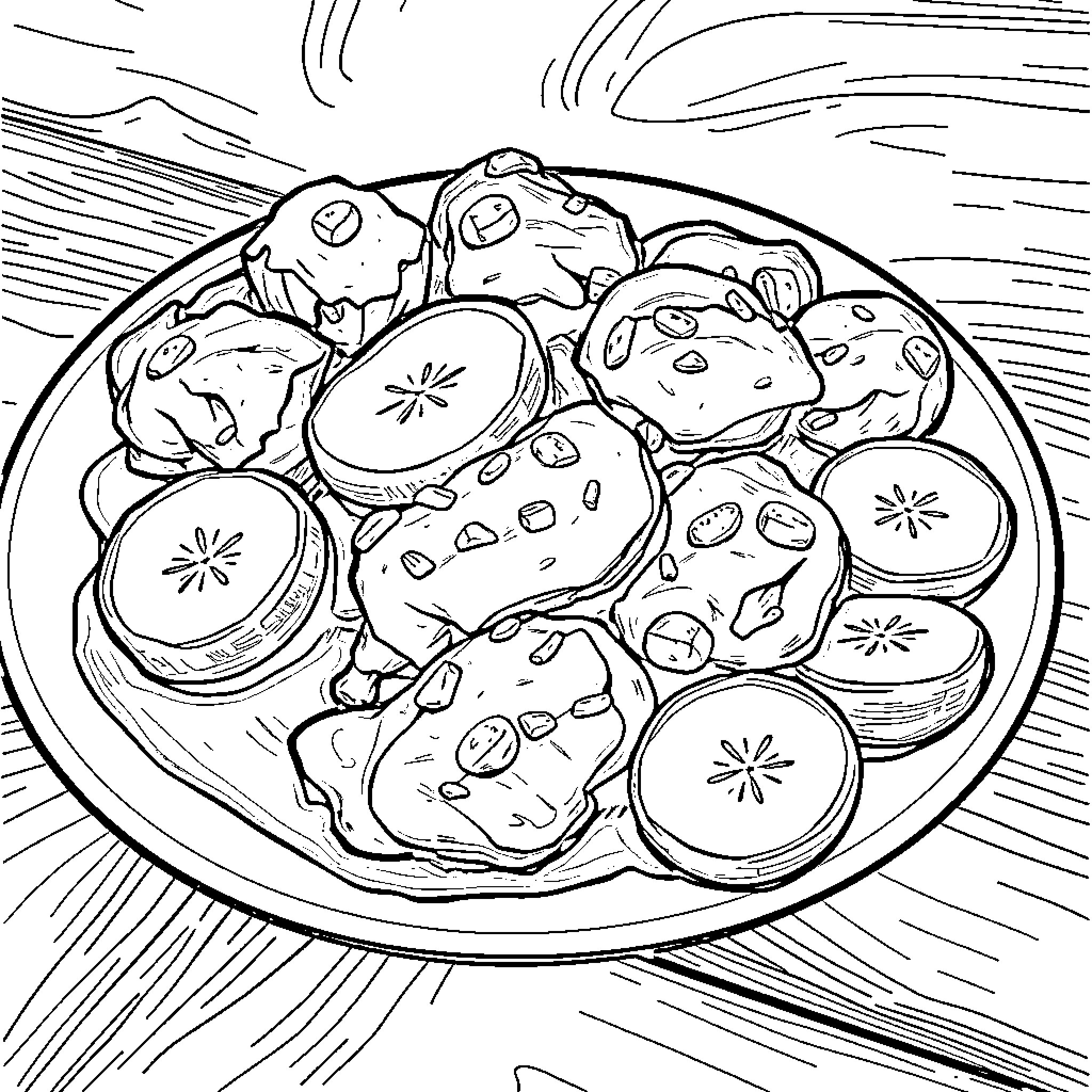 Banana-shaped pancakes with assorted toppings Coloring Page (free black-and-white line drawing printable PDF for all, from beginners to advanced learners, including children, teens, adults, and seniors)