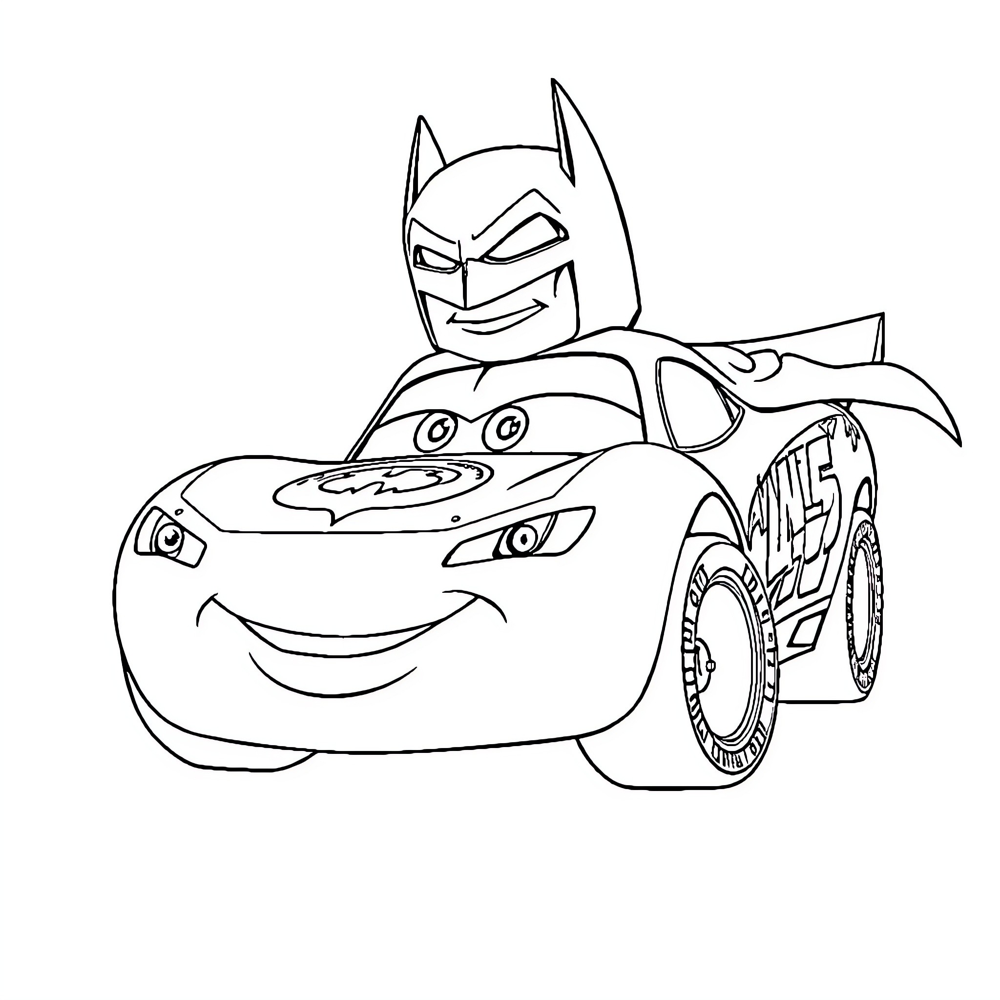 Lightning McQueen as Batman in a playful scene Coloring Page (free black-and-white line drawing printable PDF for all, from beginners to advanced learners, including children, teens, adults, and seniors)