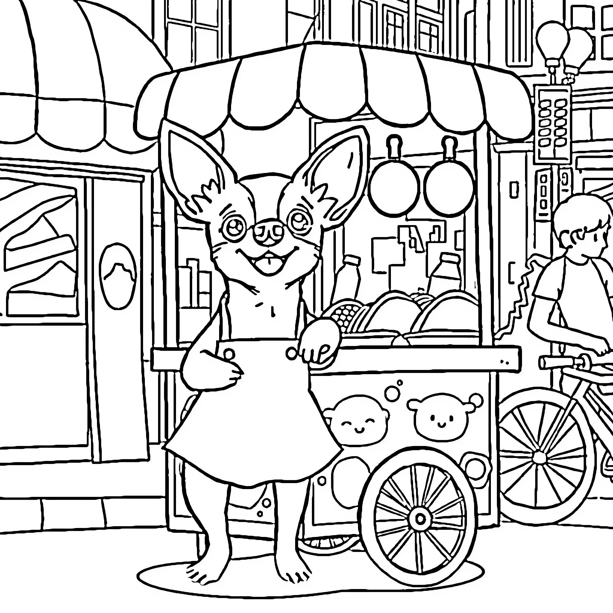 Chihuahua running a street food cart Coloring Page (free black-and-white line drawing printable PDF for all, from beginners to advanced learners, including children, teens, adults, and seniors)