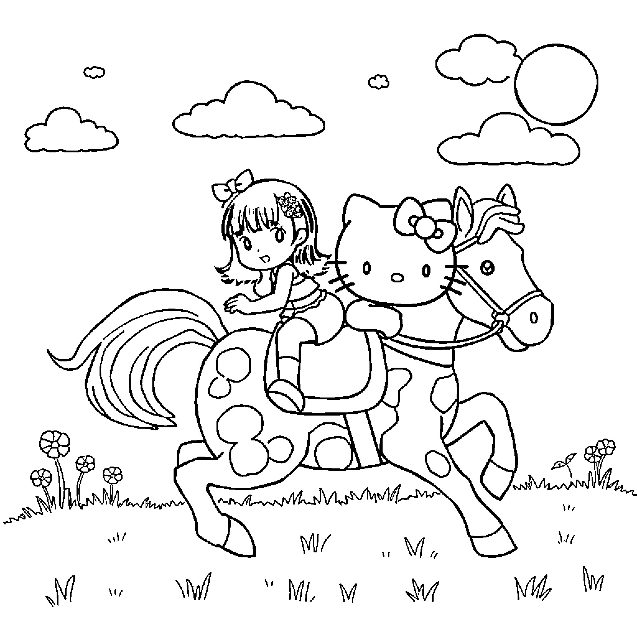 Kuromi riding a pony in a fantasy landscape Coloring Page (free black-and-white line drawing printable PDF for all, from beginners to advanced learners, including children, teens, adults, and seniors)