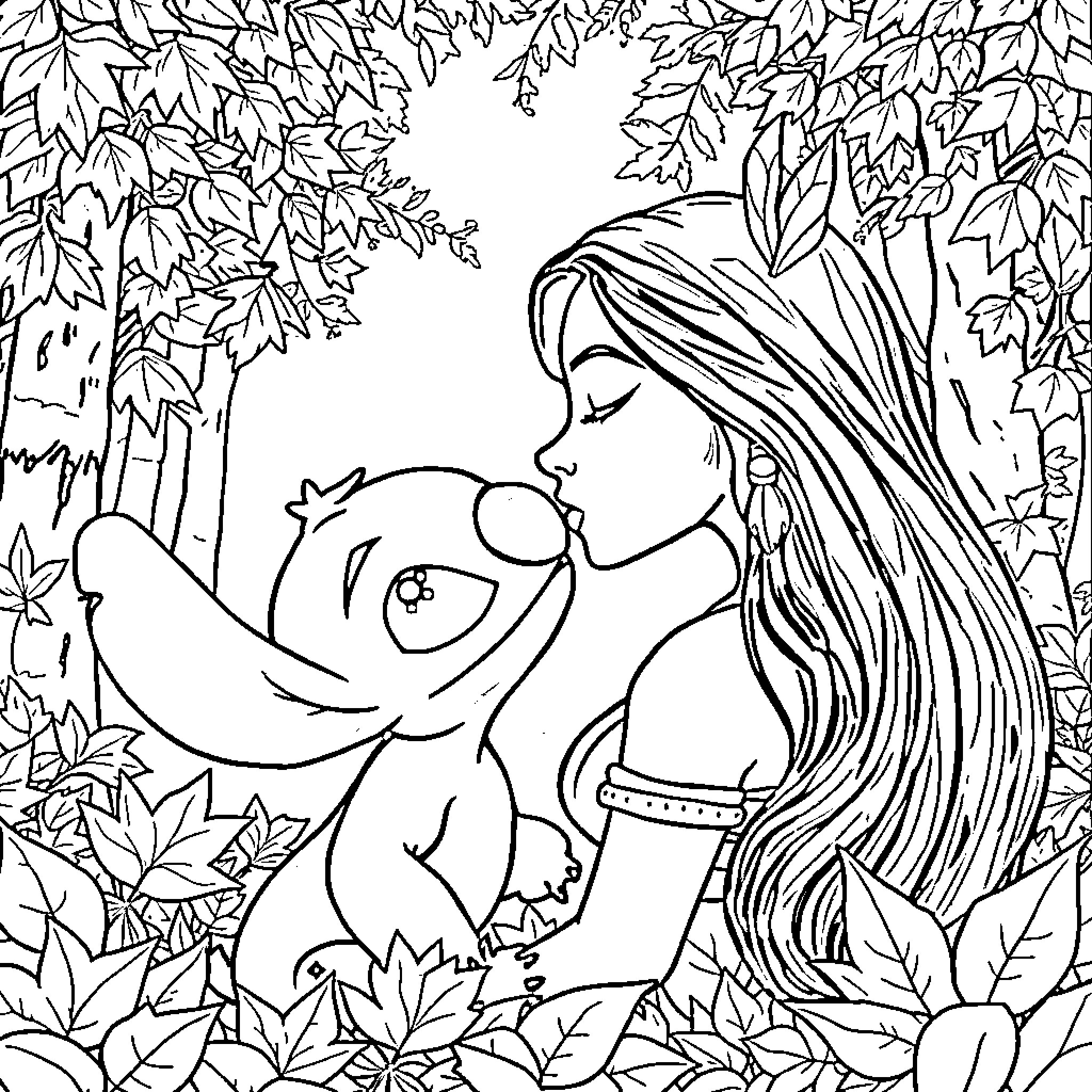 Stitch hugging woman in forest Coloring Page (free black-and-white line drawing printable PDF for all, from beginners to advanced learners, including children, teens, adults, and seniors)