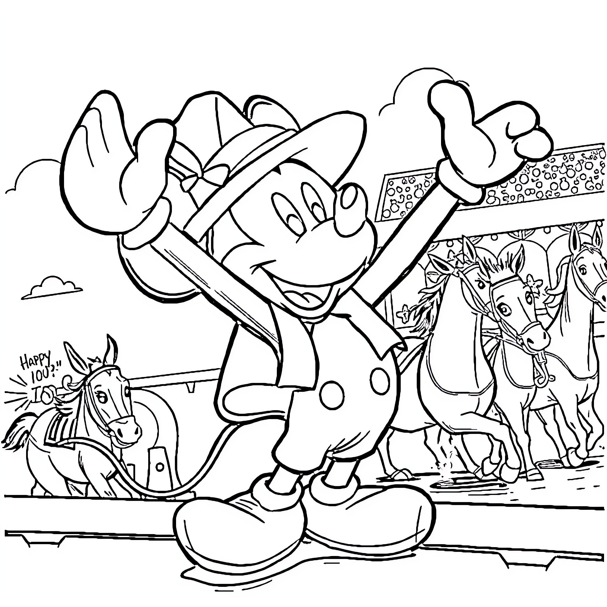 Mickey Mouse adventures with horses and nature Coloring Page (free black-and-white line drawing printable PDF for all, from beginners to advanced learners, including children, teens, adults, and seniors)