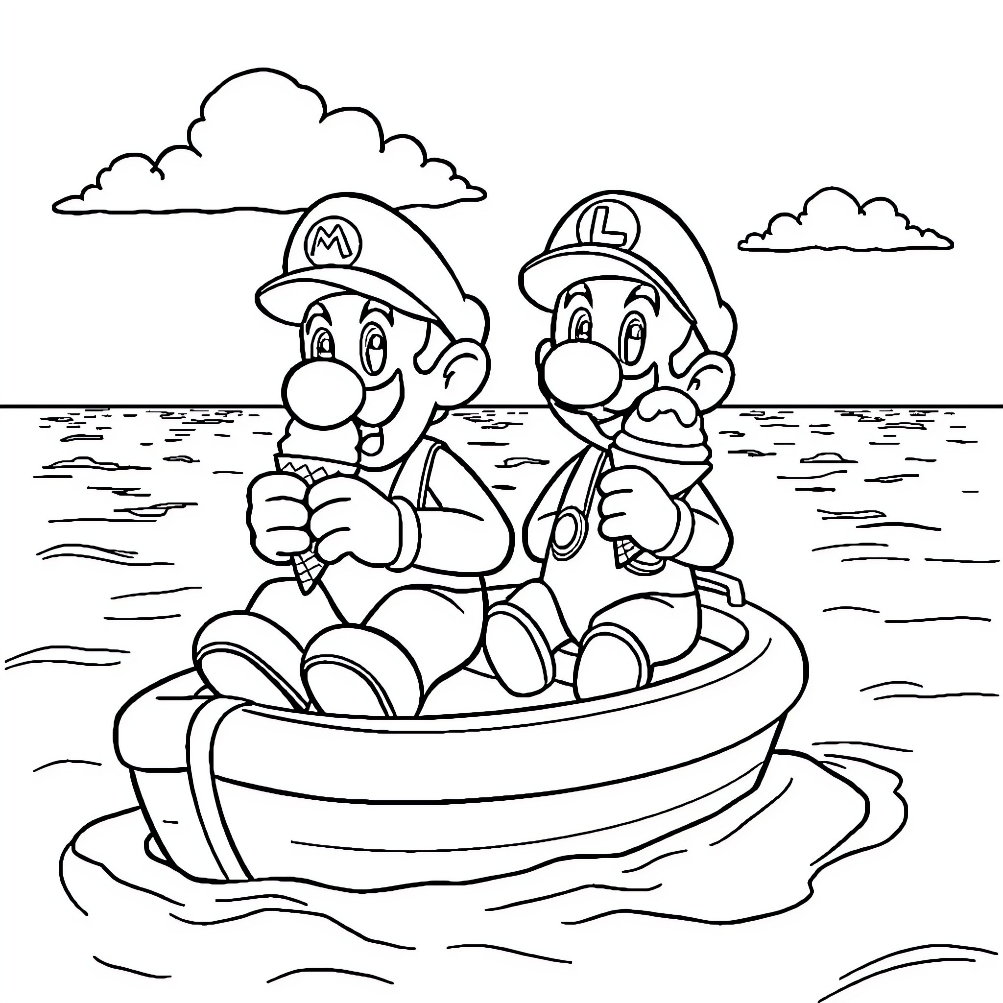 Mario and Luigi boating on the water Coloring Page (free black-and-white line drawing printable PDF for all, from beginners to advanced learners, including children, teens, adults, and seniors)