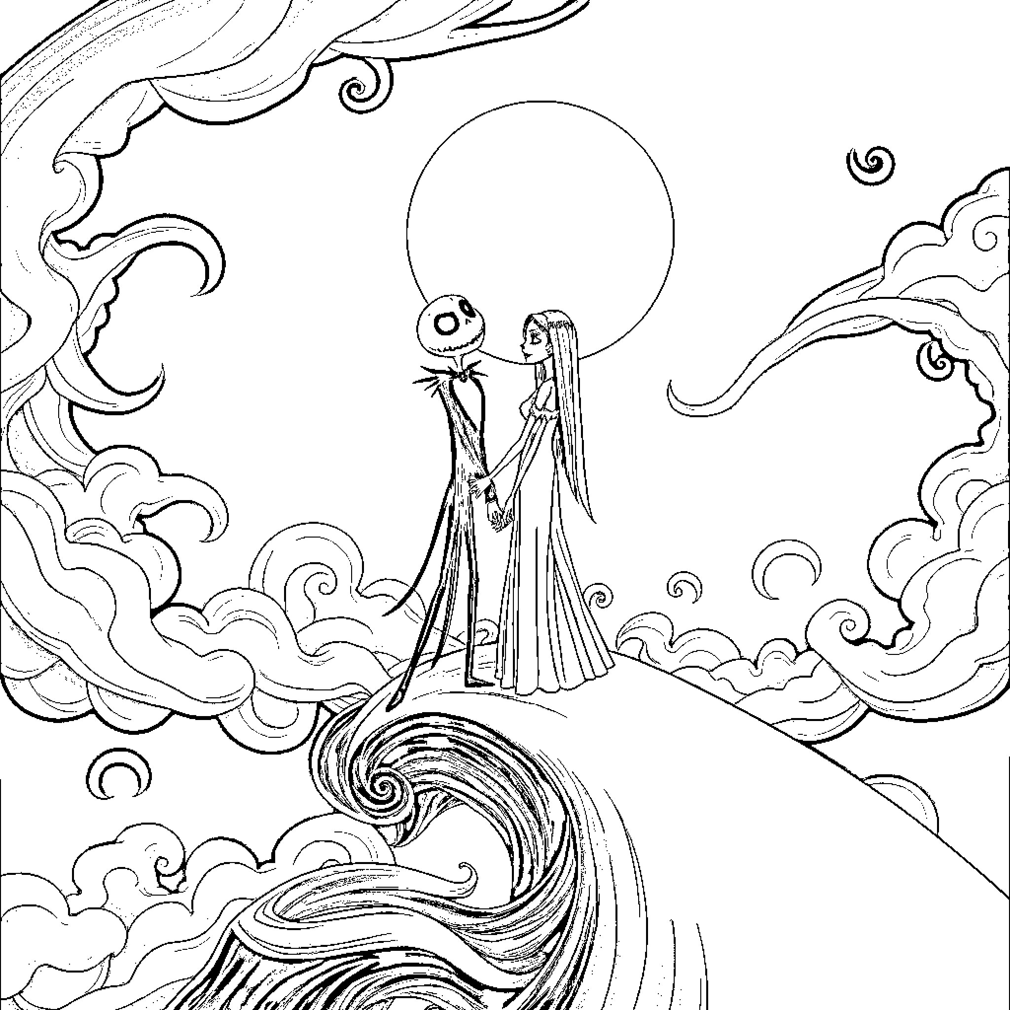 Jack and Sally in a spooky moonlit scene Coloring Page (free black-and-white line drawing printable PDF for all, from beginners to advanced learners, including children, teens, adults, and seniors)