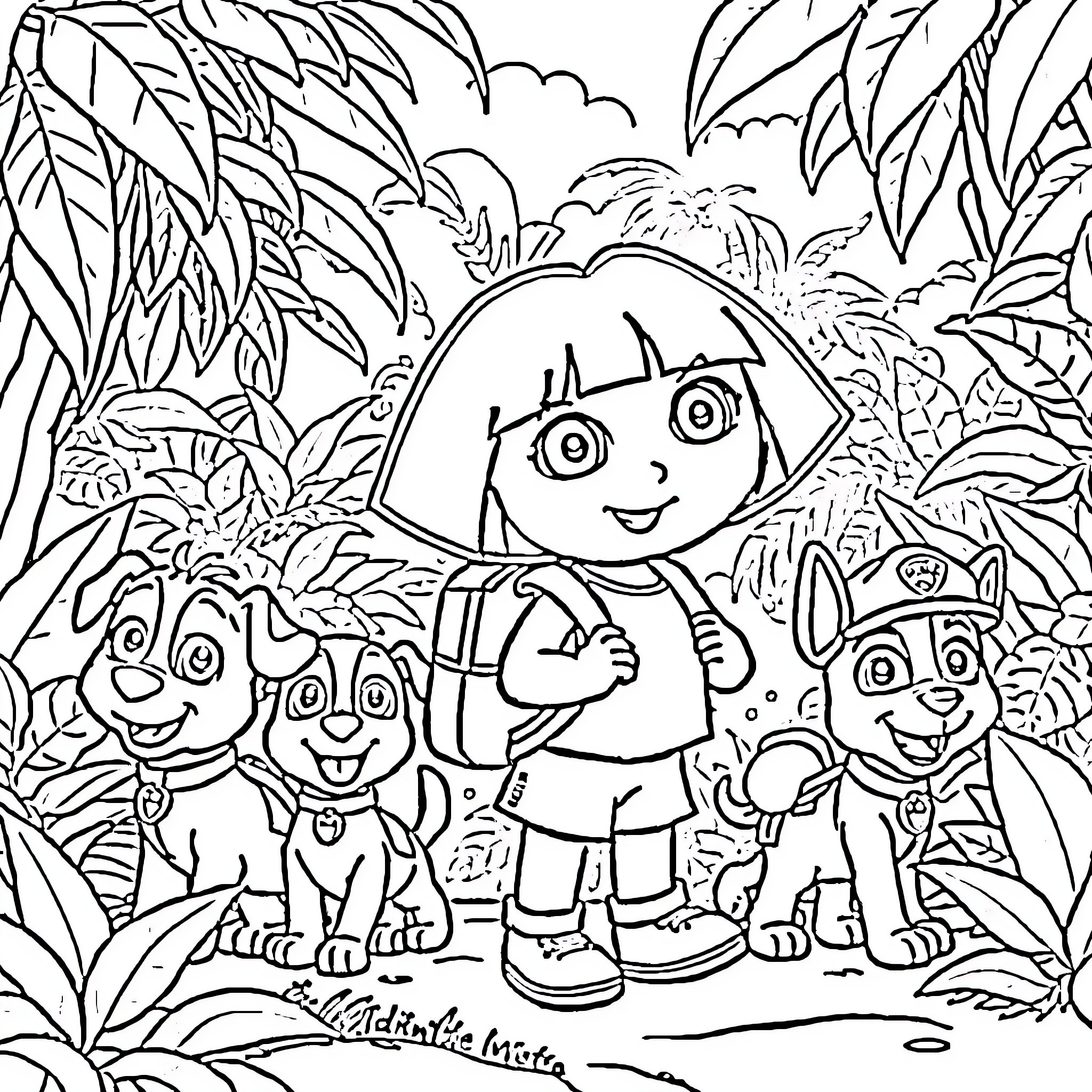 Dora Explores the Tropical Jungle with Friends Coloring Page (free black-and-white line drawing printable PDF for all, from beginners to advanced learners, including children, teens, adults, and seniors)