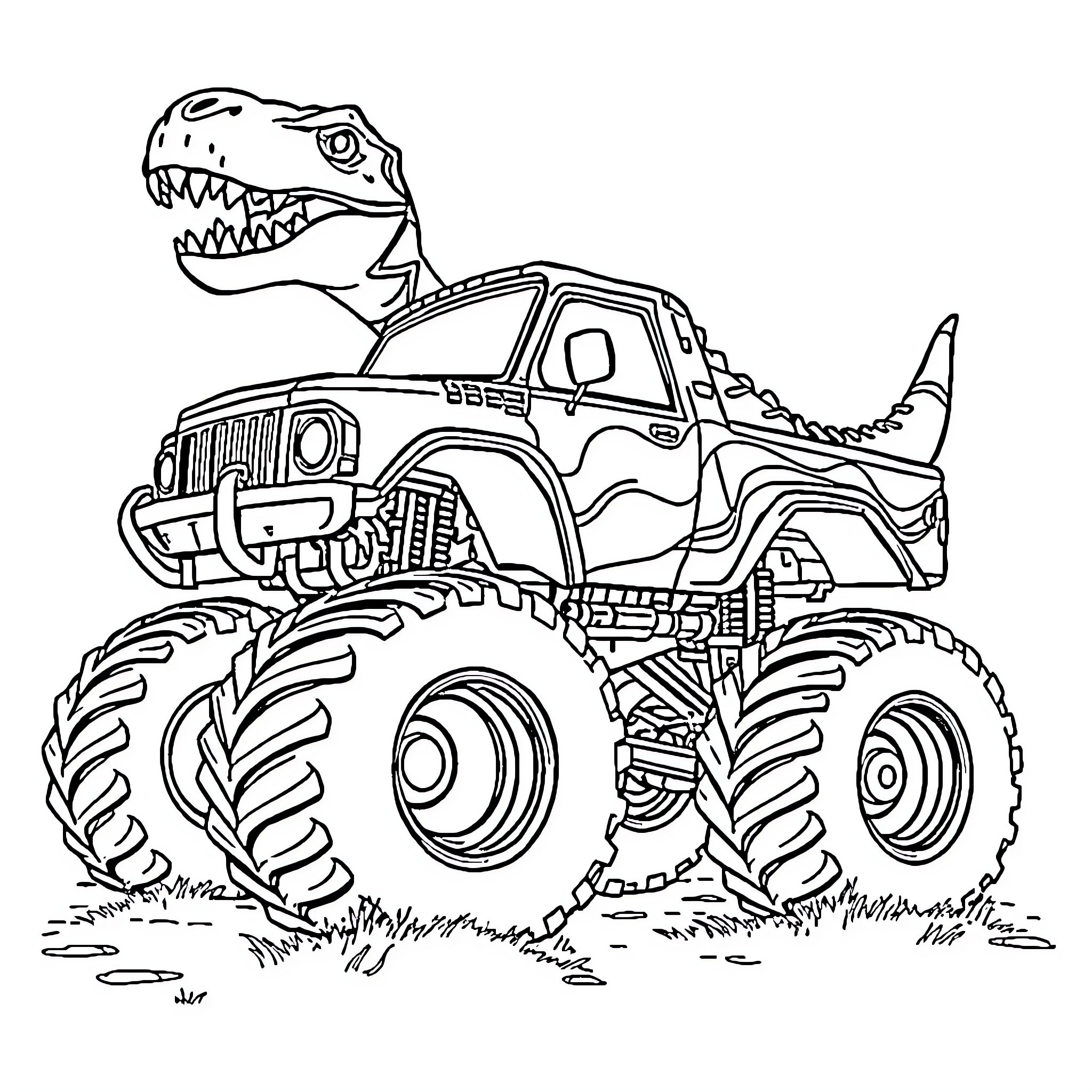 Dinosaur Monster Truck Roaring through Terrain Coloring Page (free black-and-white line drawing printable PDF for all, from beginners to advanced learners, including children, teens, adults, and seniors)