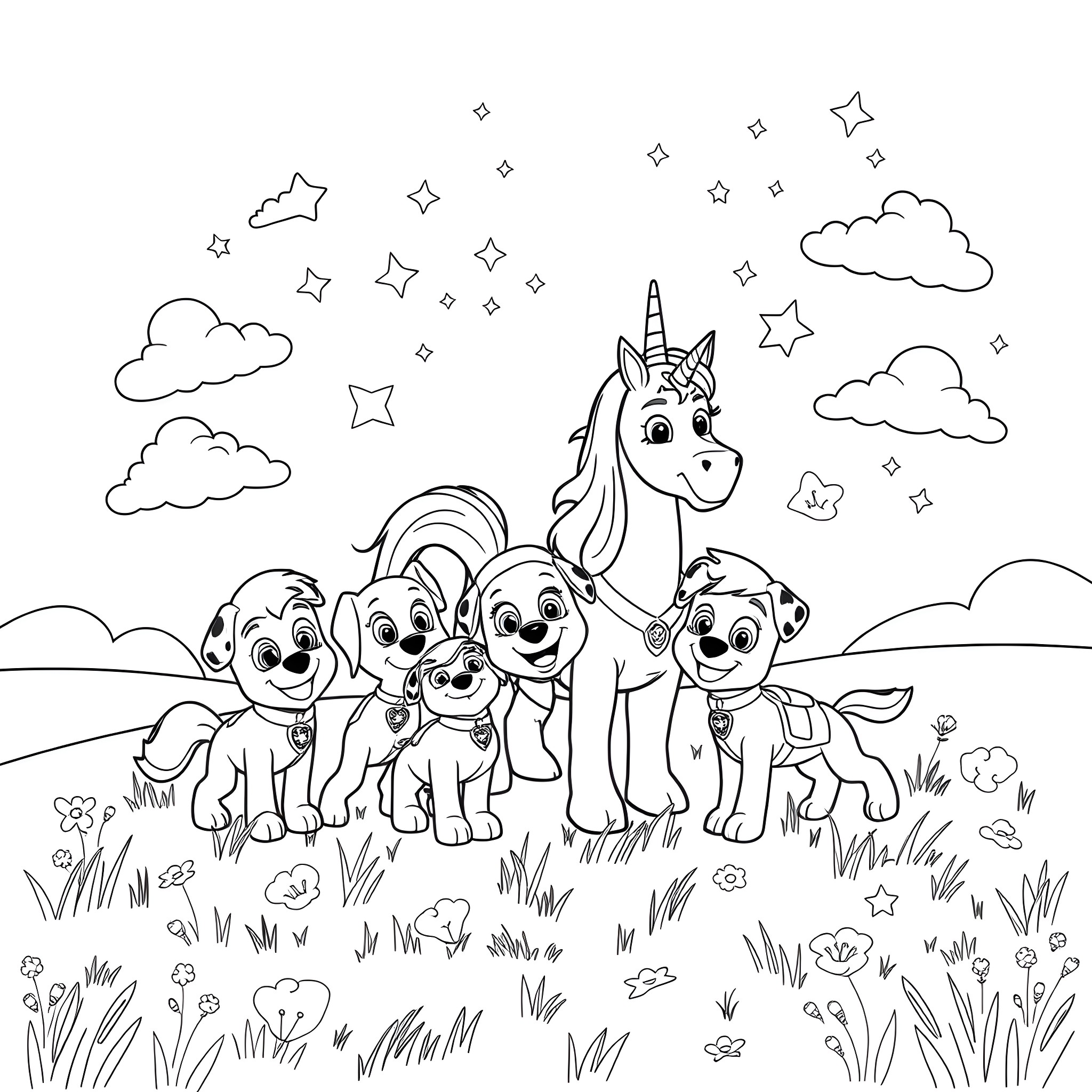 Paw Patrol characters explore the magical unicorn's world Coloring Page (free black-and-white line drawing printable PDF for all, from beginners to advanced learners, including children, teens, adults, and seniors)