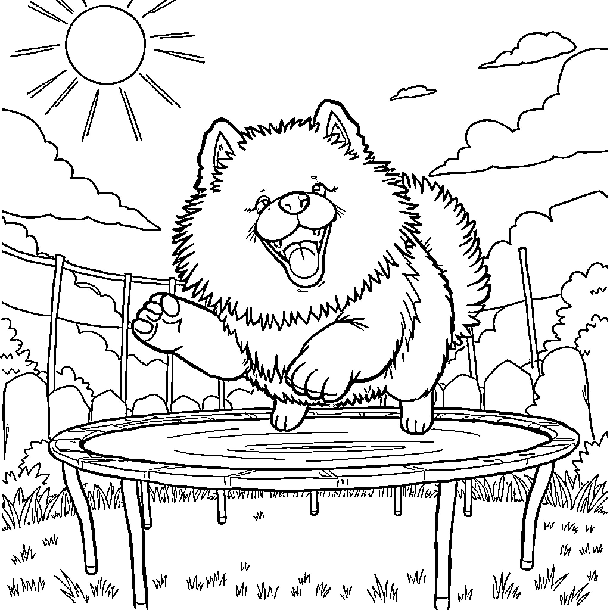 Chow Chow playing happily on a trampoline Coloring Page (free black-and-white line drawing printable PDF for all, from beginners to advanced learners, including children, teens, adults, and seniors)