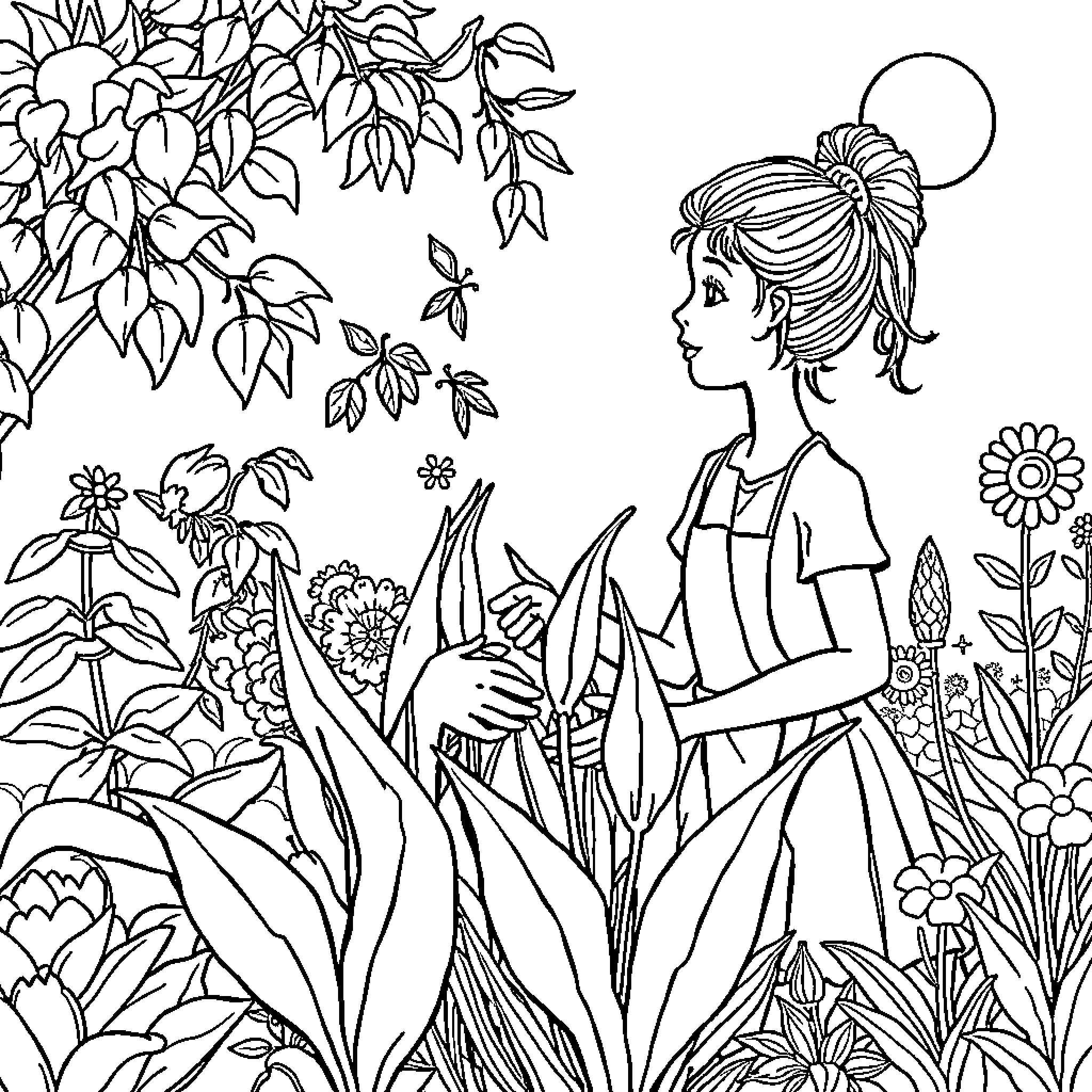 Plant Girl exploring lush garden with flowers Coloring Page (free black-and-white line drawing printable PDF for all, from beginners to advanced learners, including children, teens, adults, and seniors)