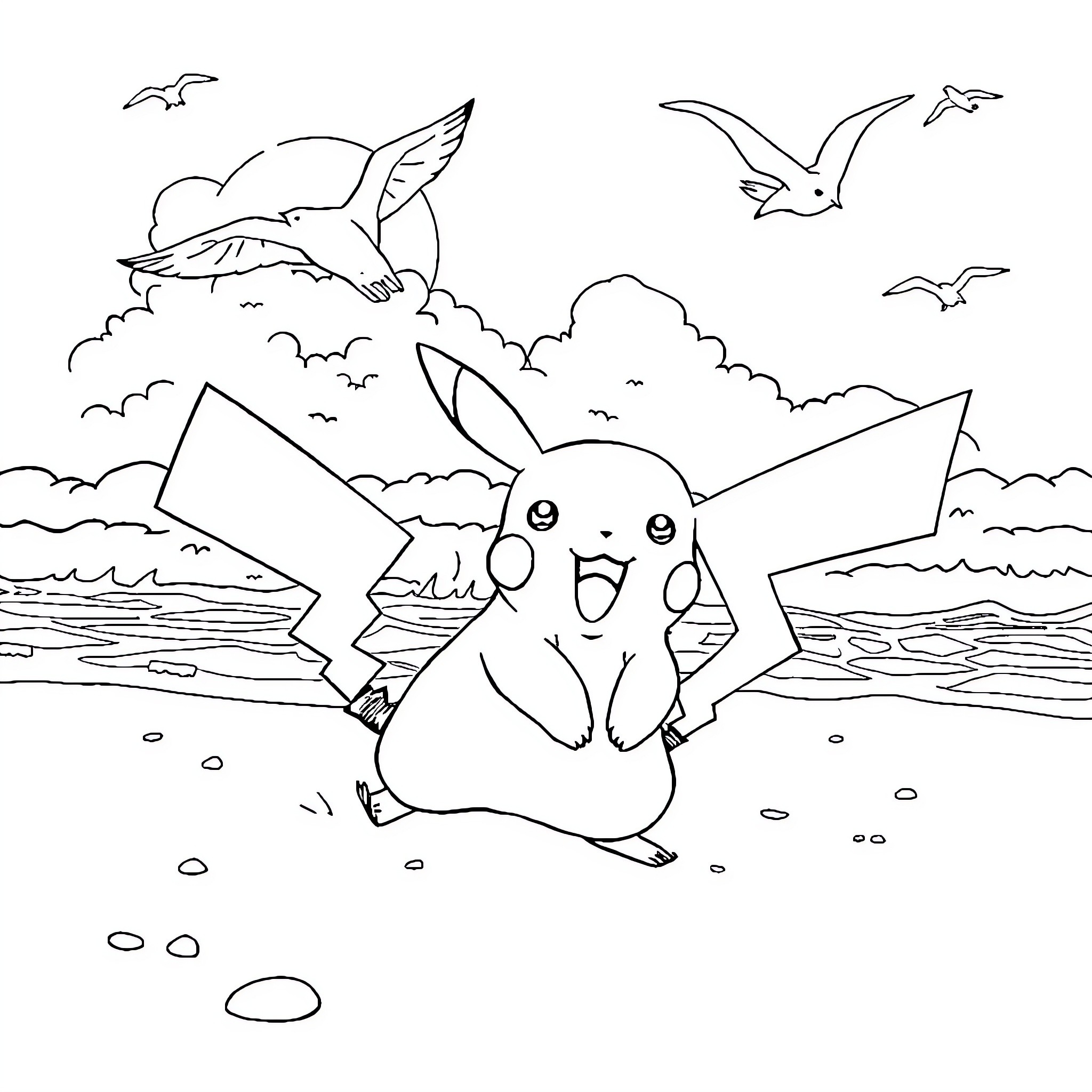 Pikachu enjoying a seaside adventure with flying friends Coloring Page (free black-and-white line drawing printable PDF for all, from beginners to advanced learners, including children, teens, adults, and seniors)