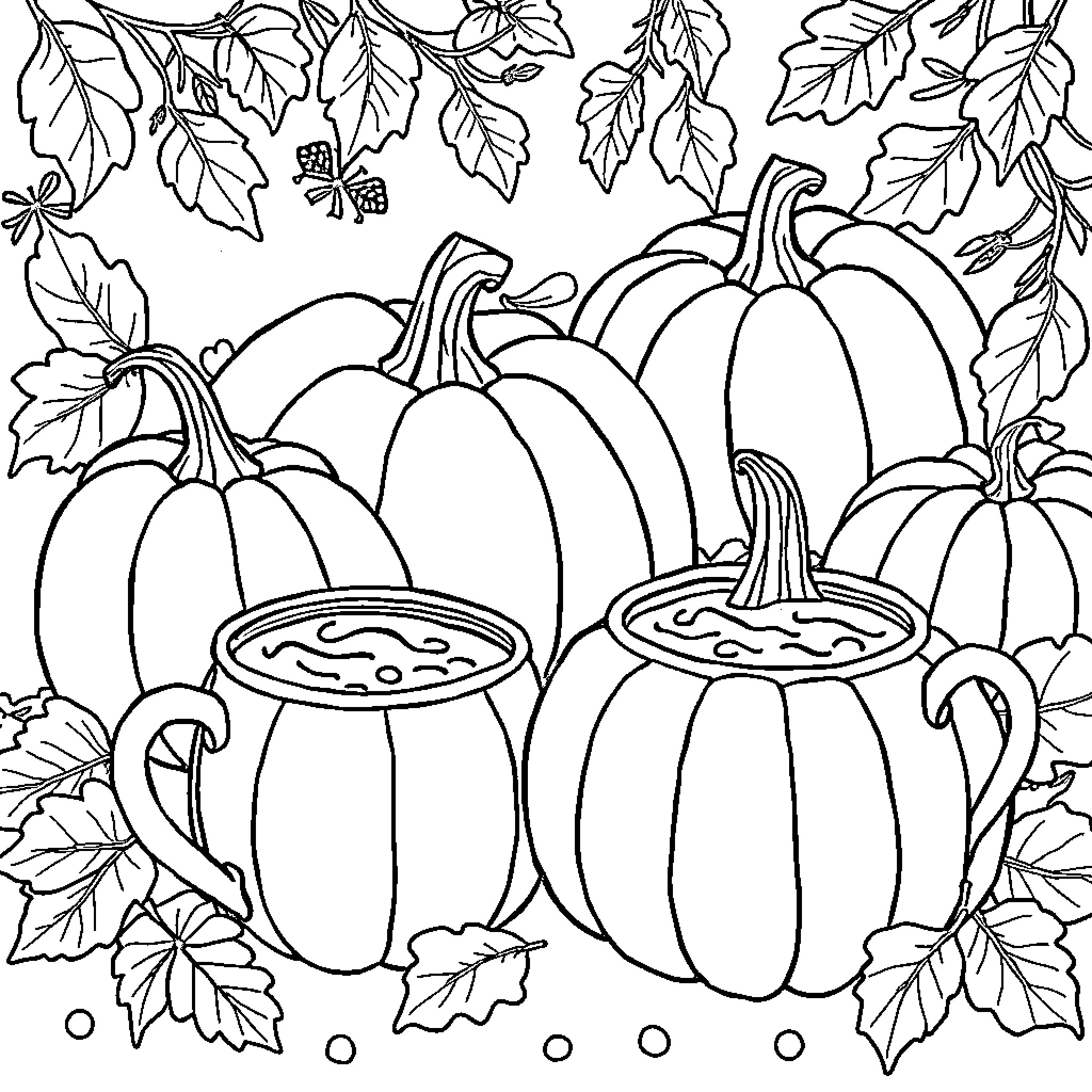 Pumpkin patch with assorted pumpkins and leaves Coloring Page (free black-and-white line drawing printable PDF for all, from beginners to advanced learners, including children, teens, adults, and seniors)
