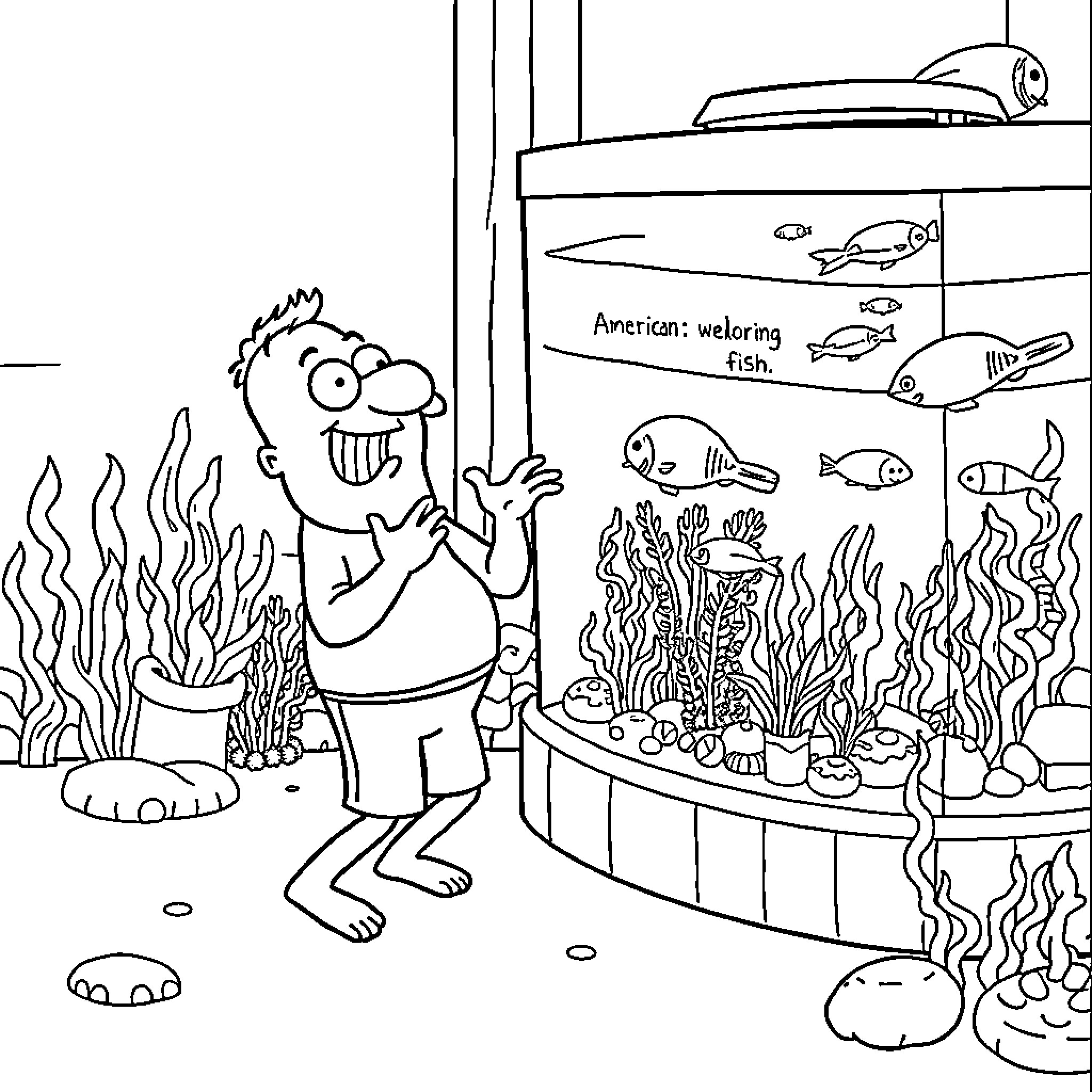 Stan Admires the Aquarium's Colorful Fish Coloring Page (free black-and-white line drawing printable PDF for all, from beginners to advanced learners, including children, teens, adults, and seniors)