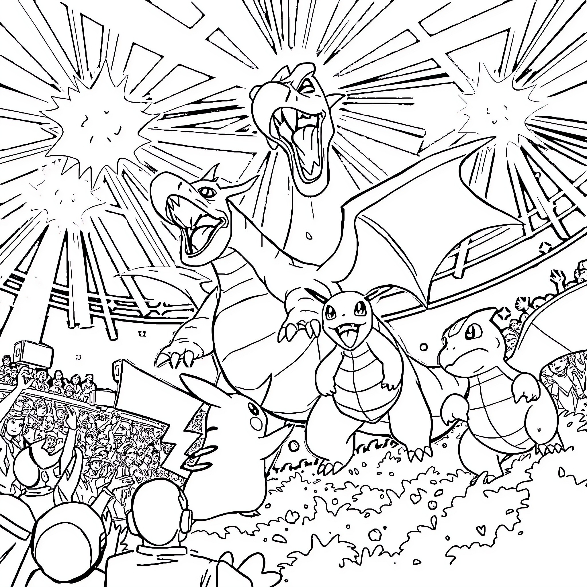 Pokémon characters battling and exploring in action-packed scene Coloring Page (free black-and-white line drawing printable PDF for all, from beginners to advanced learners, including children, teens, adults, and seniors)
