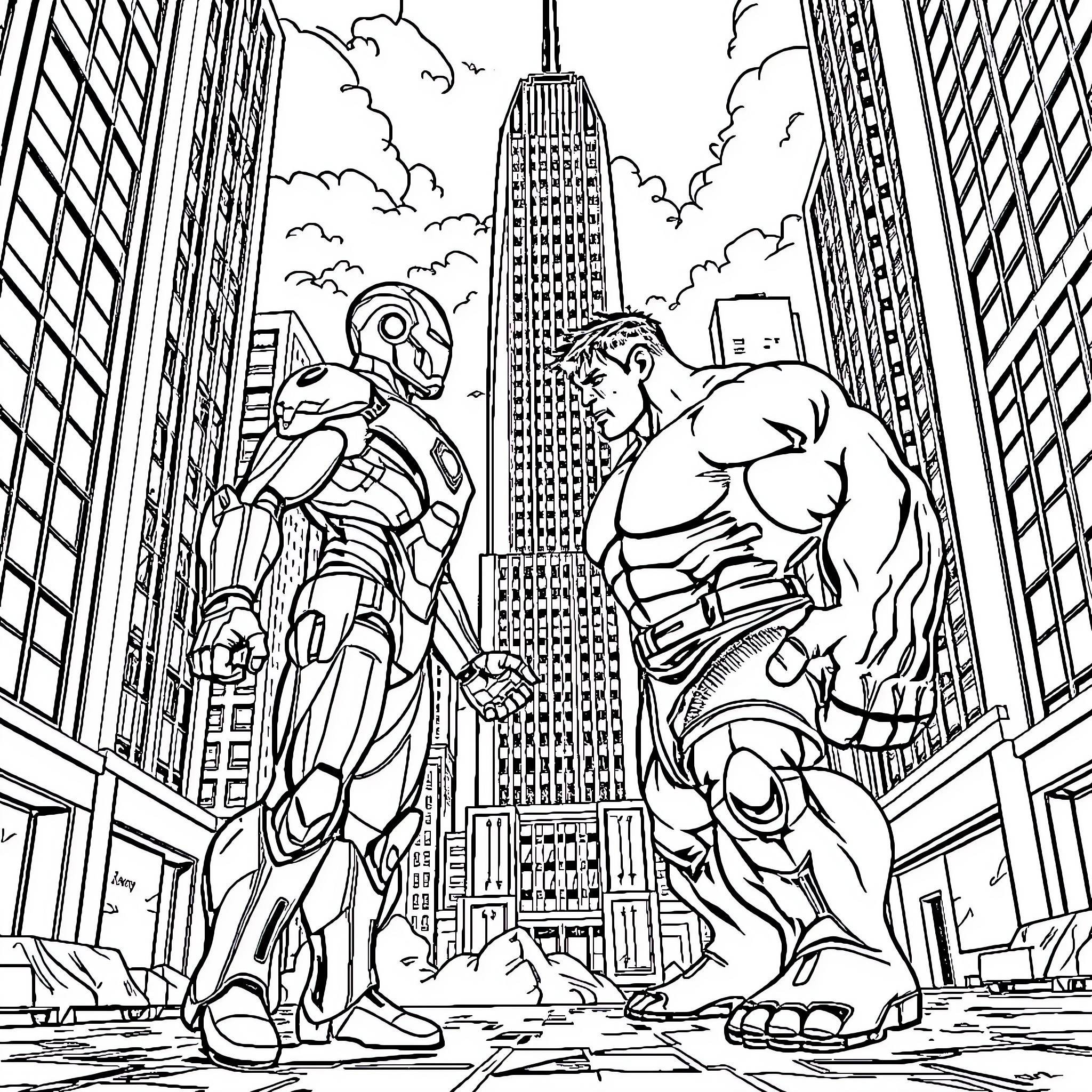 Iron Man and the Hulk Battle in the City Coloring Page (free black-and-white line drawing printable PDF for all, from beginners to advanced learners, including children, teens, adults, and seniors)