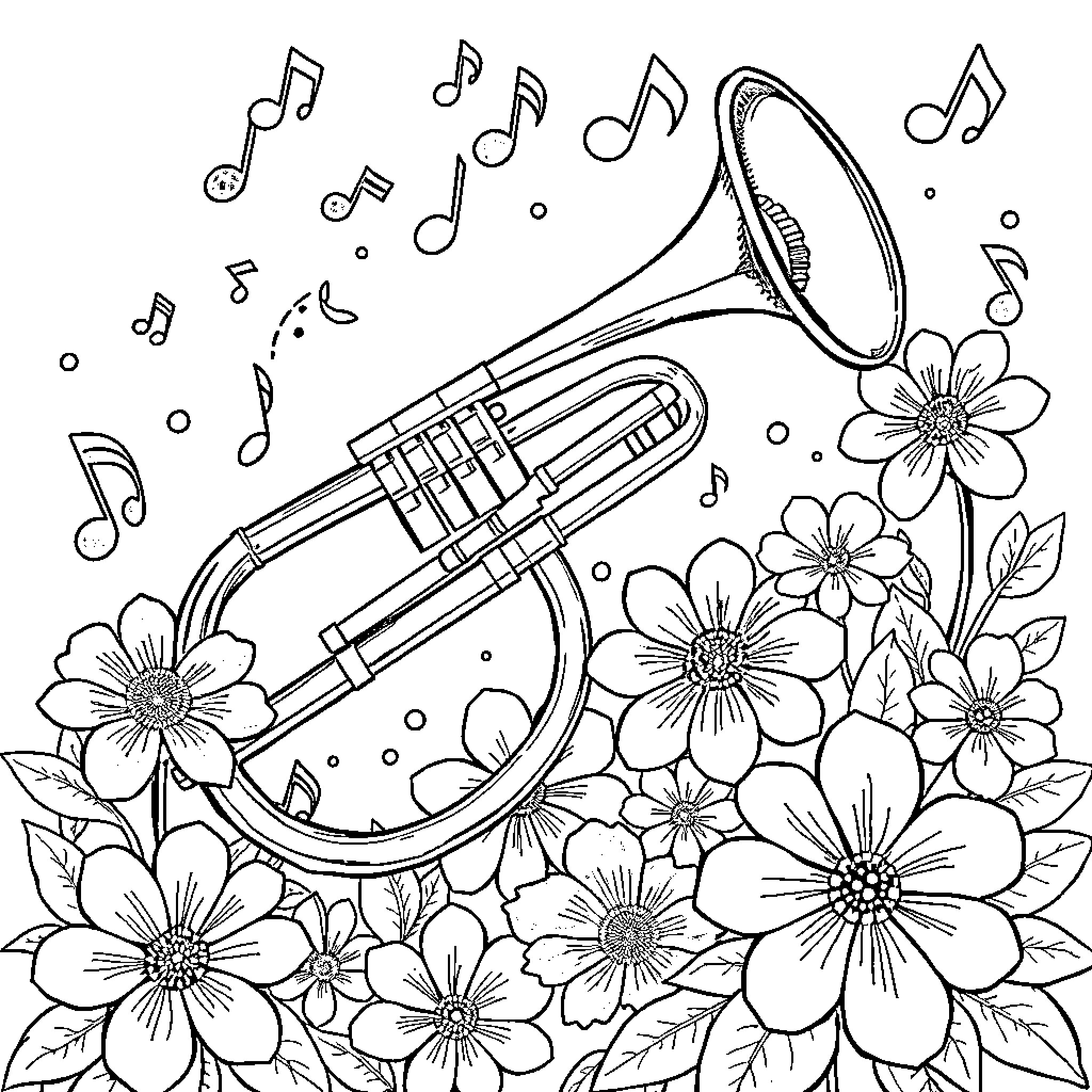 Trombone surrounded by musical notes and floral elements Coloring Page (free black-and-white line drawing printable PDF for all, from beginners to advanced learners, including children, teens, adults, and seniors)