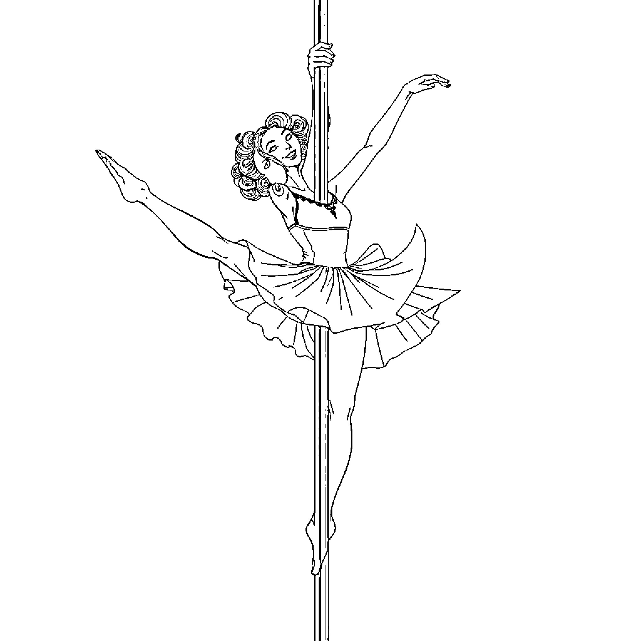 Pole Dancer Performing Graceful Acrobatic Routine Coloring Page (free black-and-white line drawing printable PDF for all, from beginners to advanced learners, including children, teens, adults, and seniors)