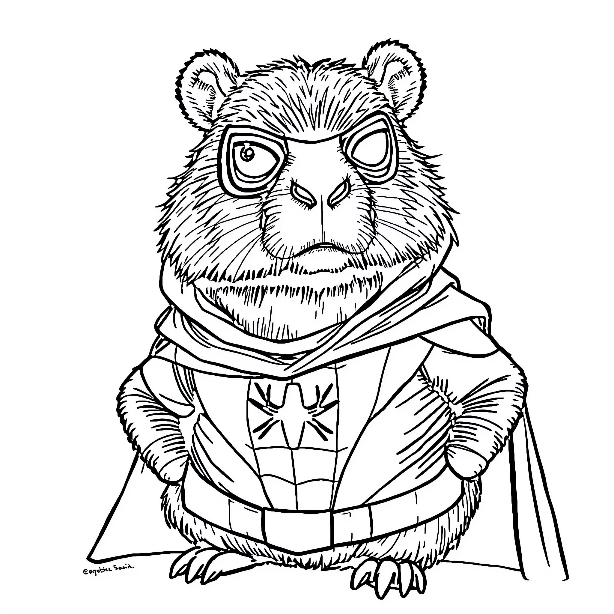 Capybara dressed as a superhero Coloring Page (free black-and-white line drawing printable PDF for all, from beginners to advanced learners, including children, teens, adults, and seniors)