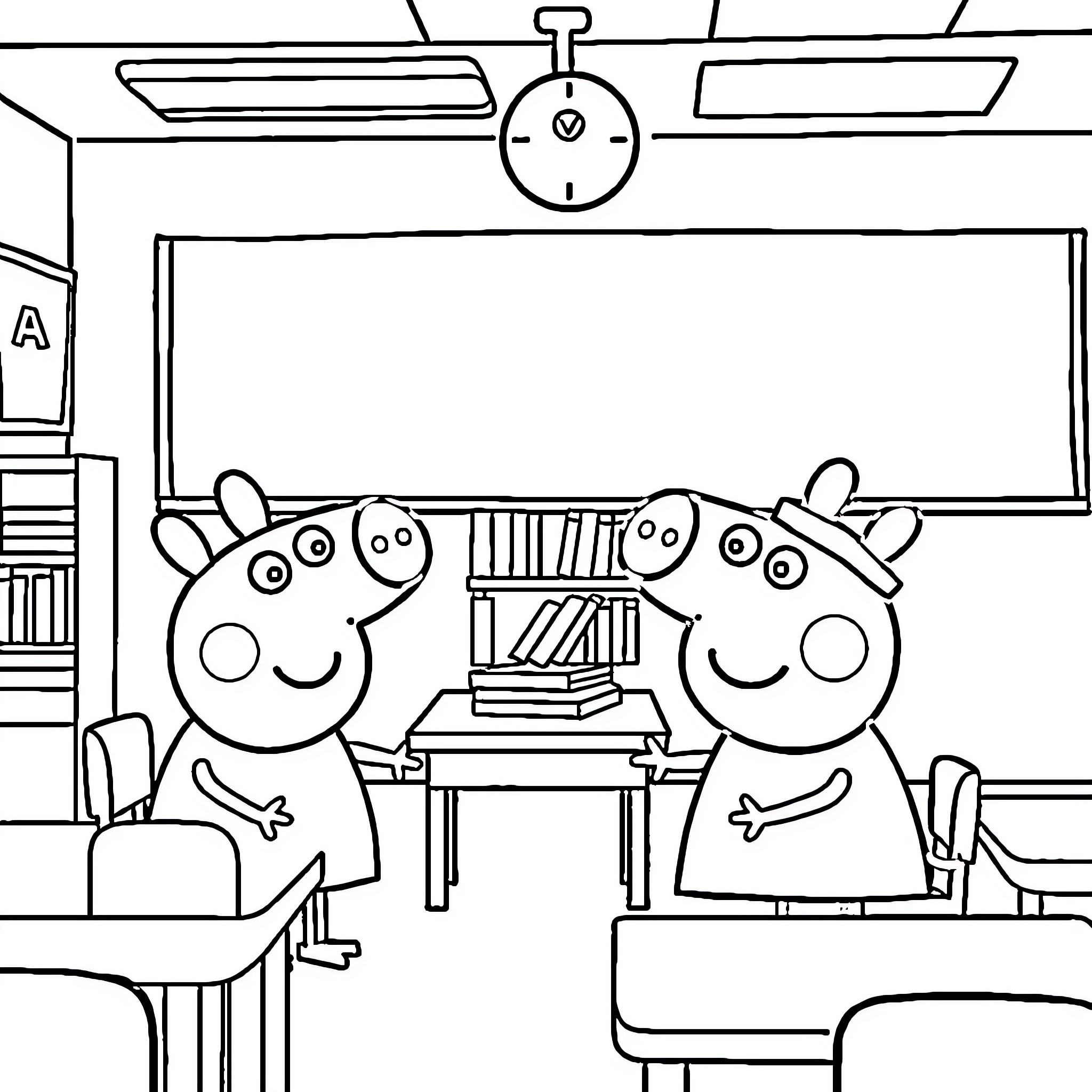 Peppa Pig and friends in the classroom Coloring Page (free black-and-white line drawing printable PDF for all, from beginners to advanced learners, including children, teens, adults, and seniors)